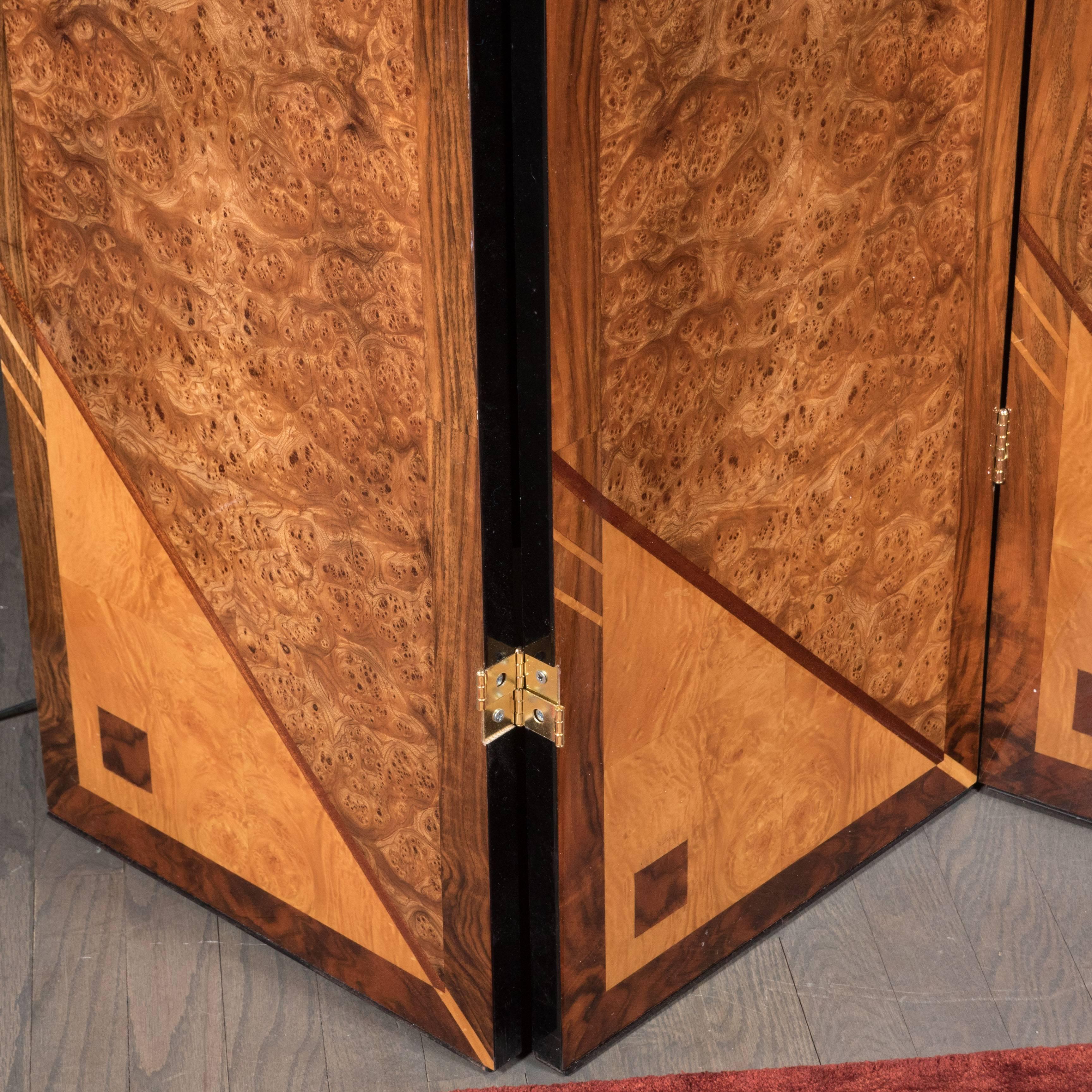 Art Deco Style Four Panel Screen in Burled Carpathian Elm with Geometric Shapes In Excellent Condition In New York, NY