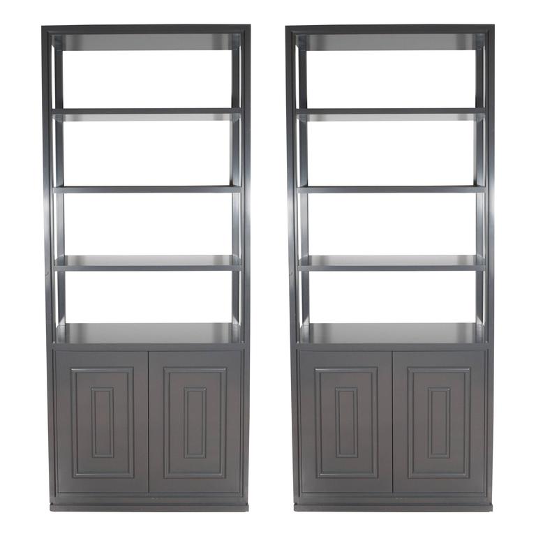 pair of custom bookshelvestagres with cabinets in lustrous slate grey lacquer for sale - Custom Bookshelves pair of custom bookshelvestagres with cabinets in lustrous slate grey lacquer for sale - Custom Bookshelves