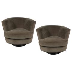 Luxe Pair of Mid-Century Swivel Chairs in Smokey Moss Velvet by Milo Baughman