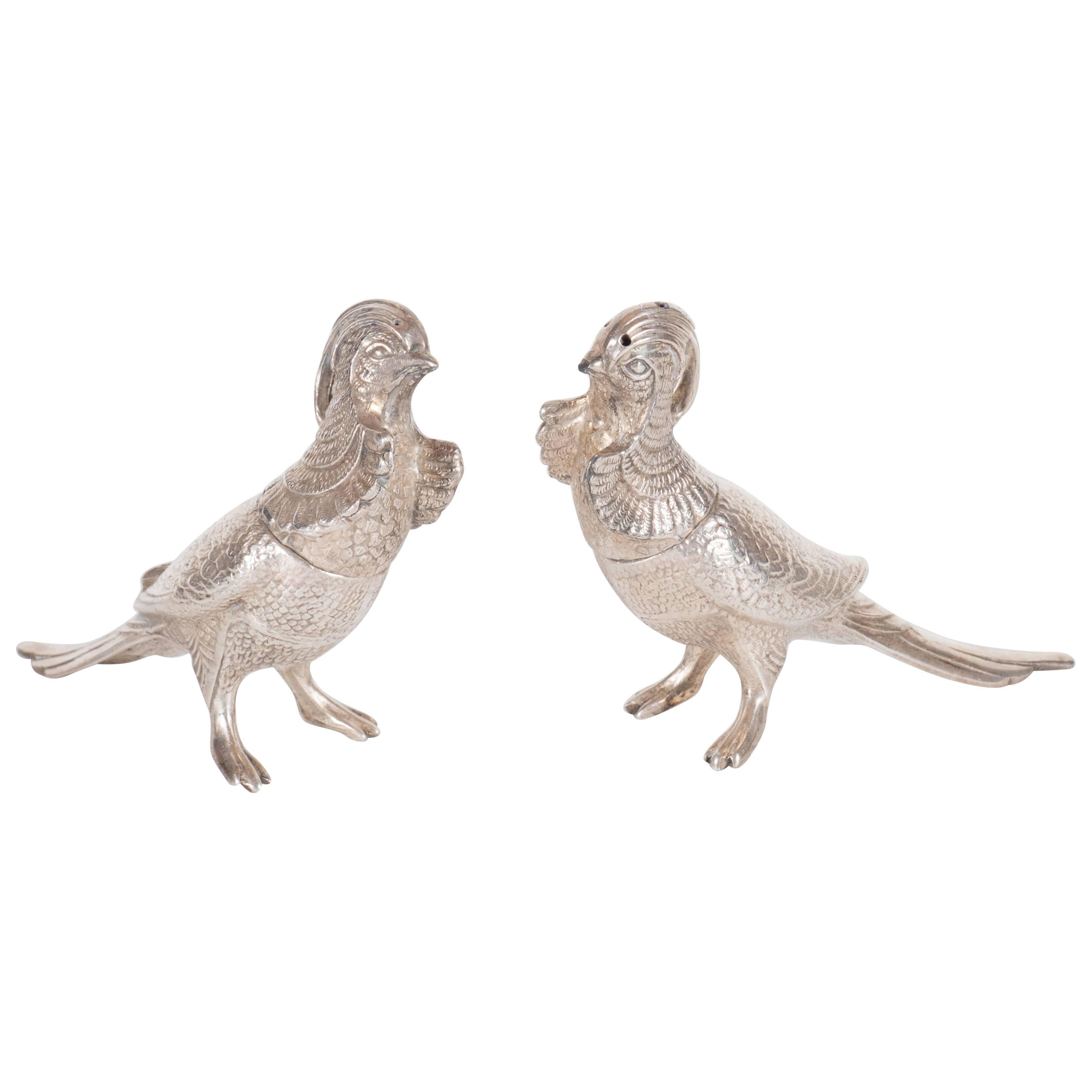 Pair of Art Deco Salt/Pepper  Shakers in Silver Plate Representing Exotic Birds