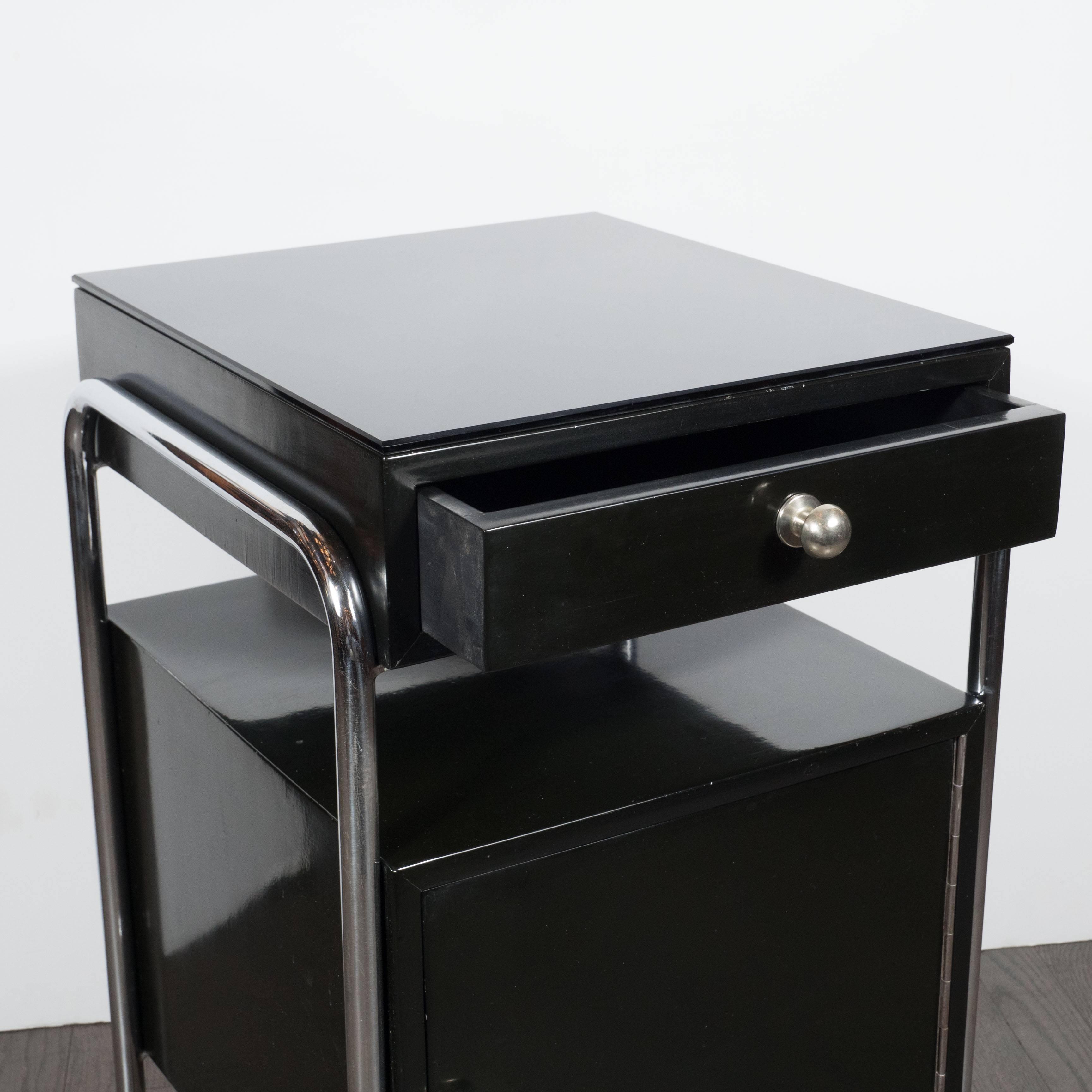 American Pair of Art Deco Machine Age Nightstands in Black Lacquer by Wolfgang Hoffman