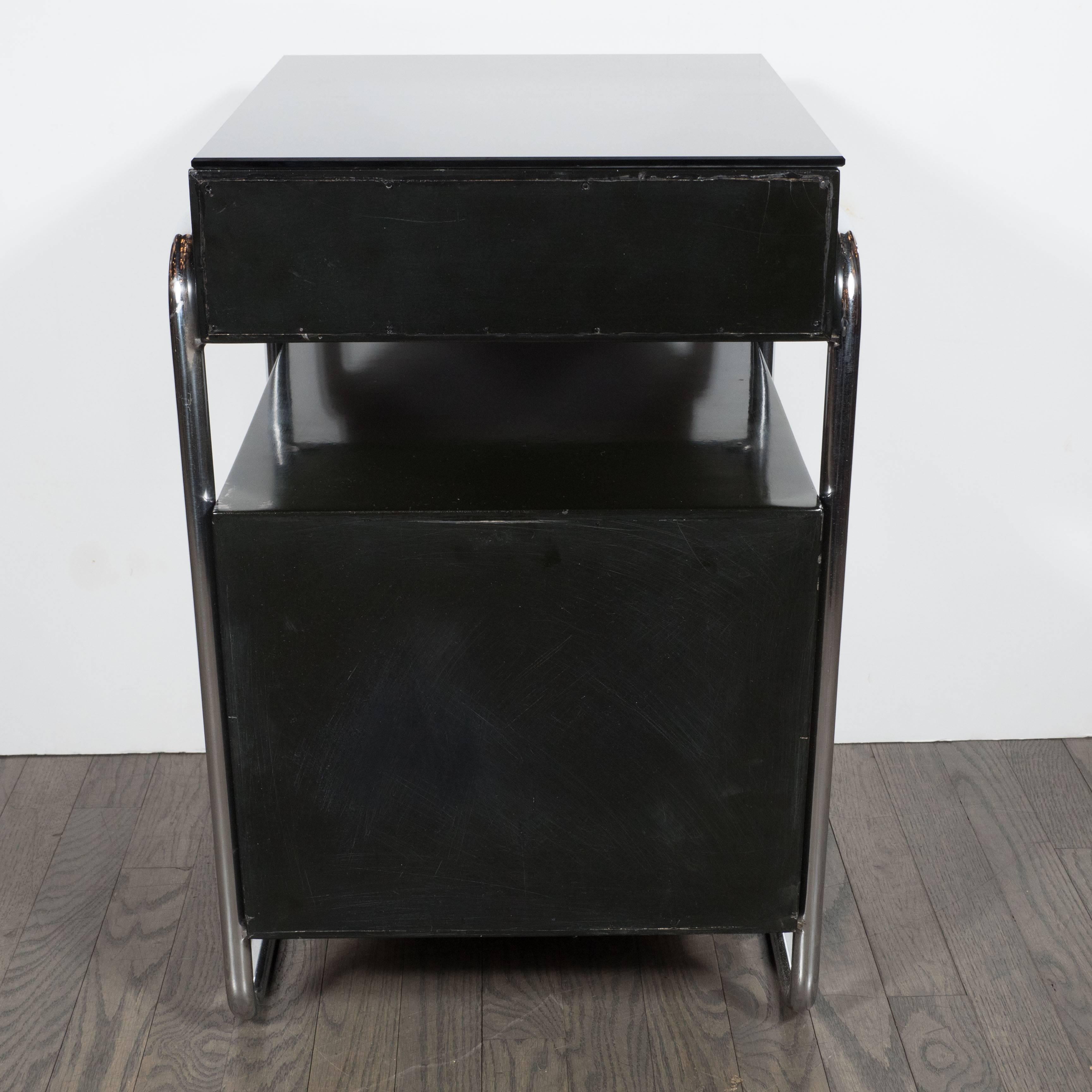 Vitrolite Pair of Art Deco Machine Age Nightstands in Black Lacquer by Wolfgang Hoffman