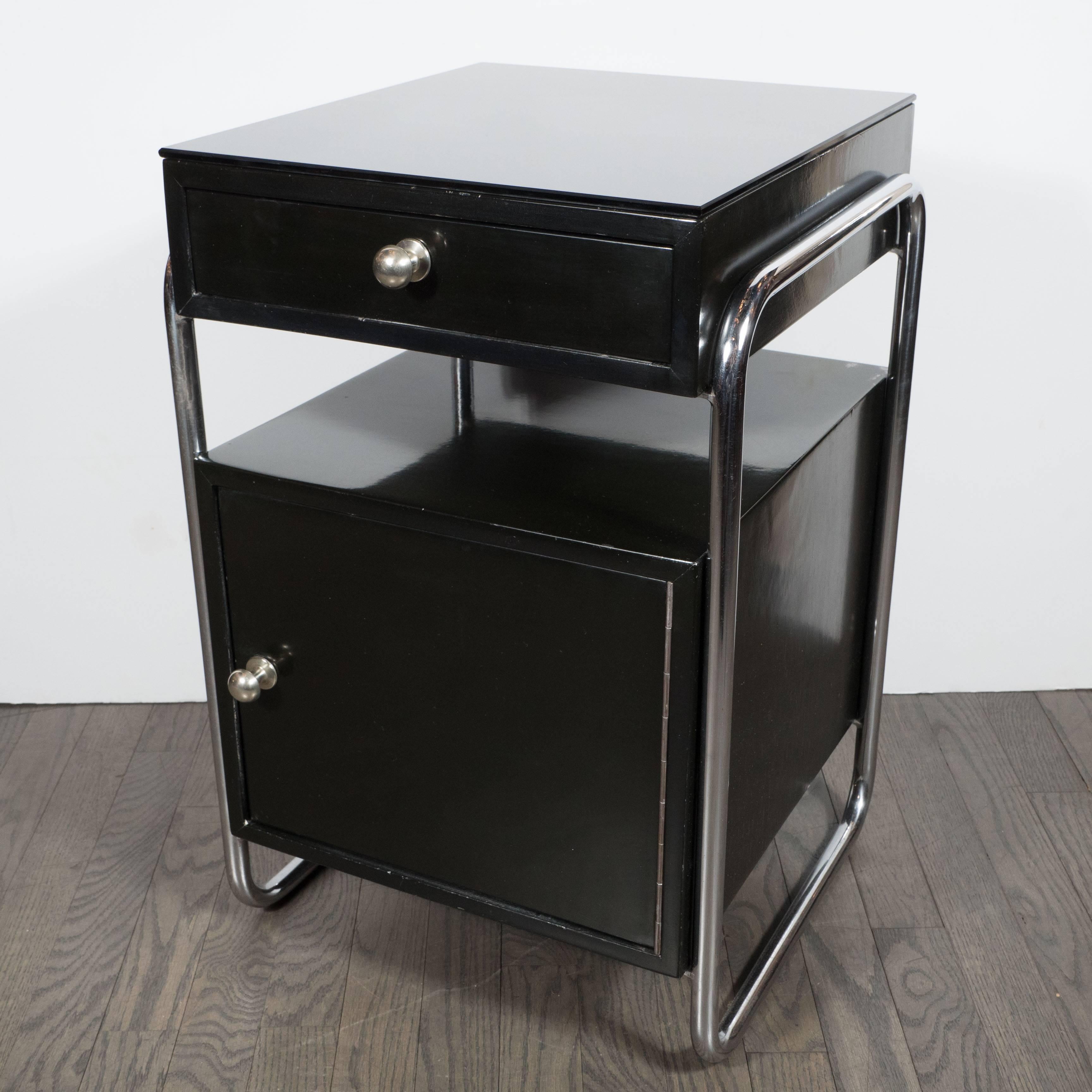 Pair of Art Deco Machine Age Nightstands in Black Lacquer by Wolfgang Hoffman 1