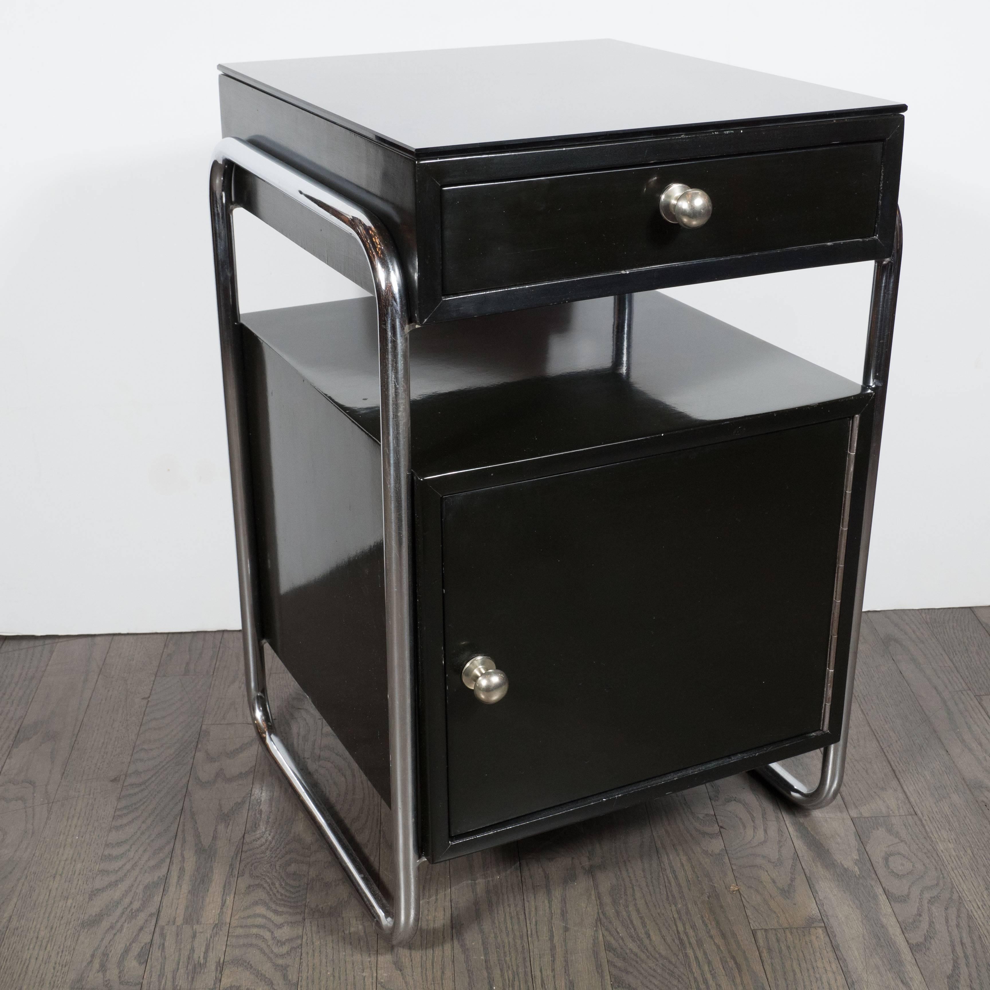 Mid-20th Century Pair of Art Deco Machine Age Nightstands in Black Lacquer by Wolfgang Hoffman