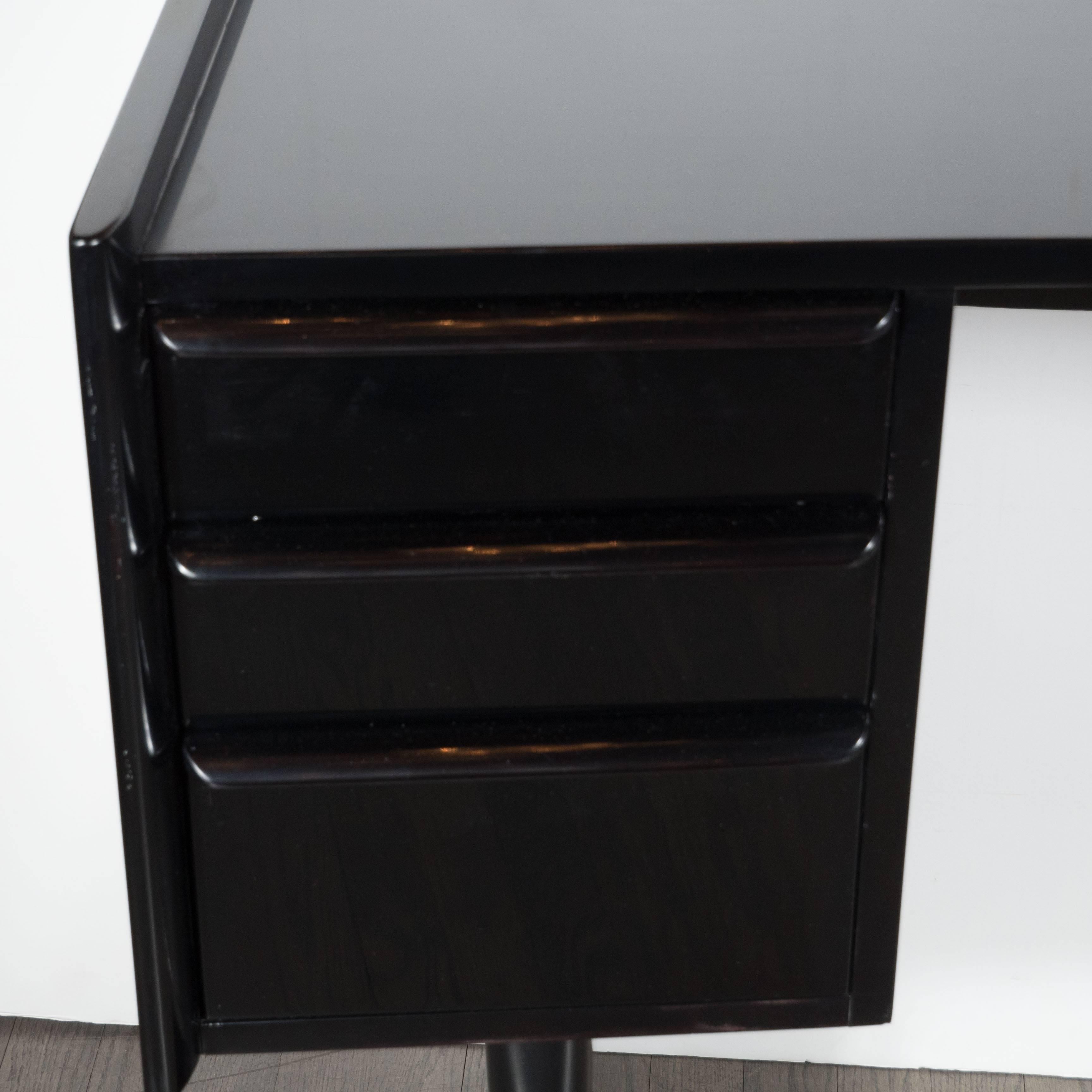 American Mid-Century Modernist Streamlined Bowed-Front Desk or Vanity in Ebonized Walnut