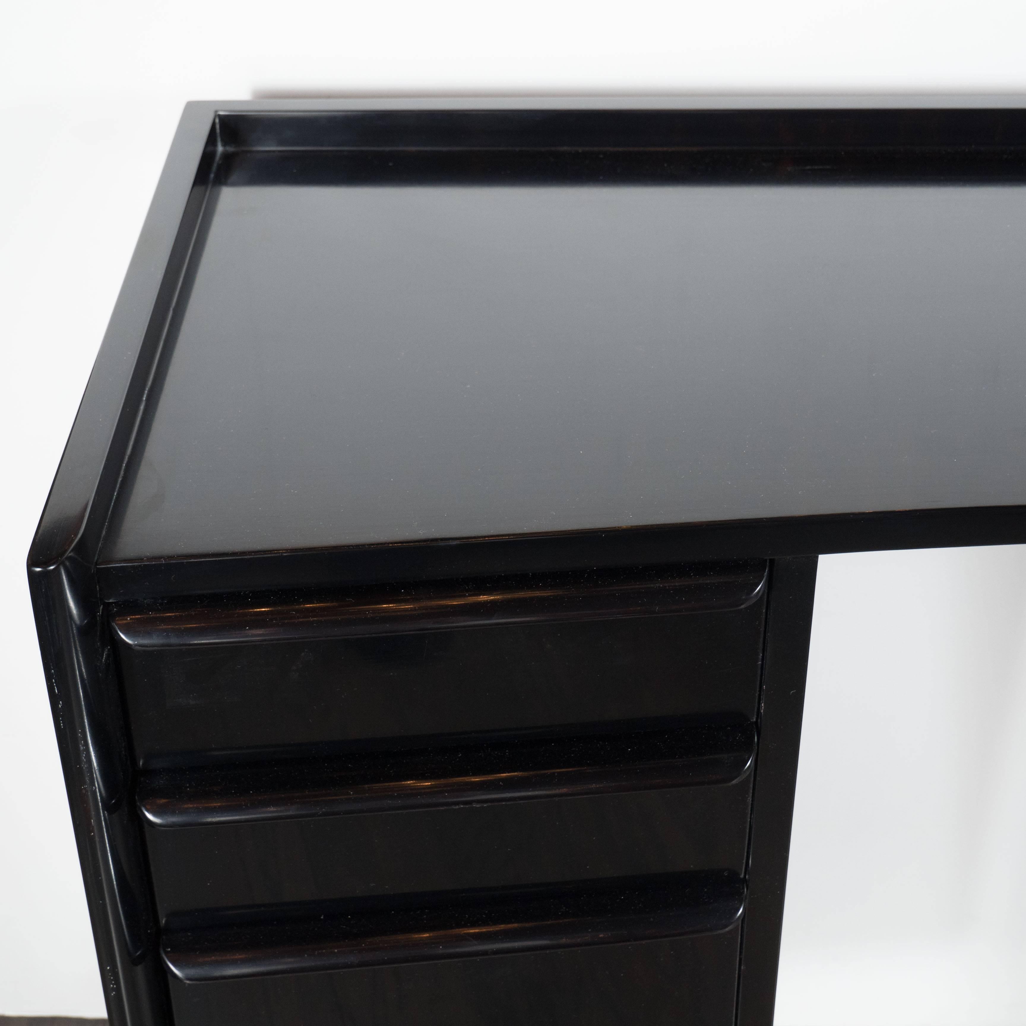 Mid-20th Century Mid-Century Modernist Streamlined Bowed-Front Desk or Vanity in Ebonized Walnut