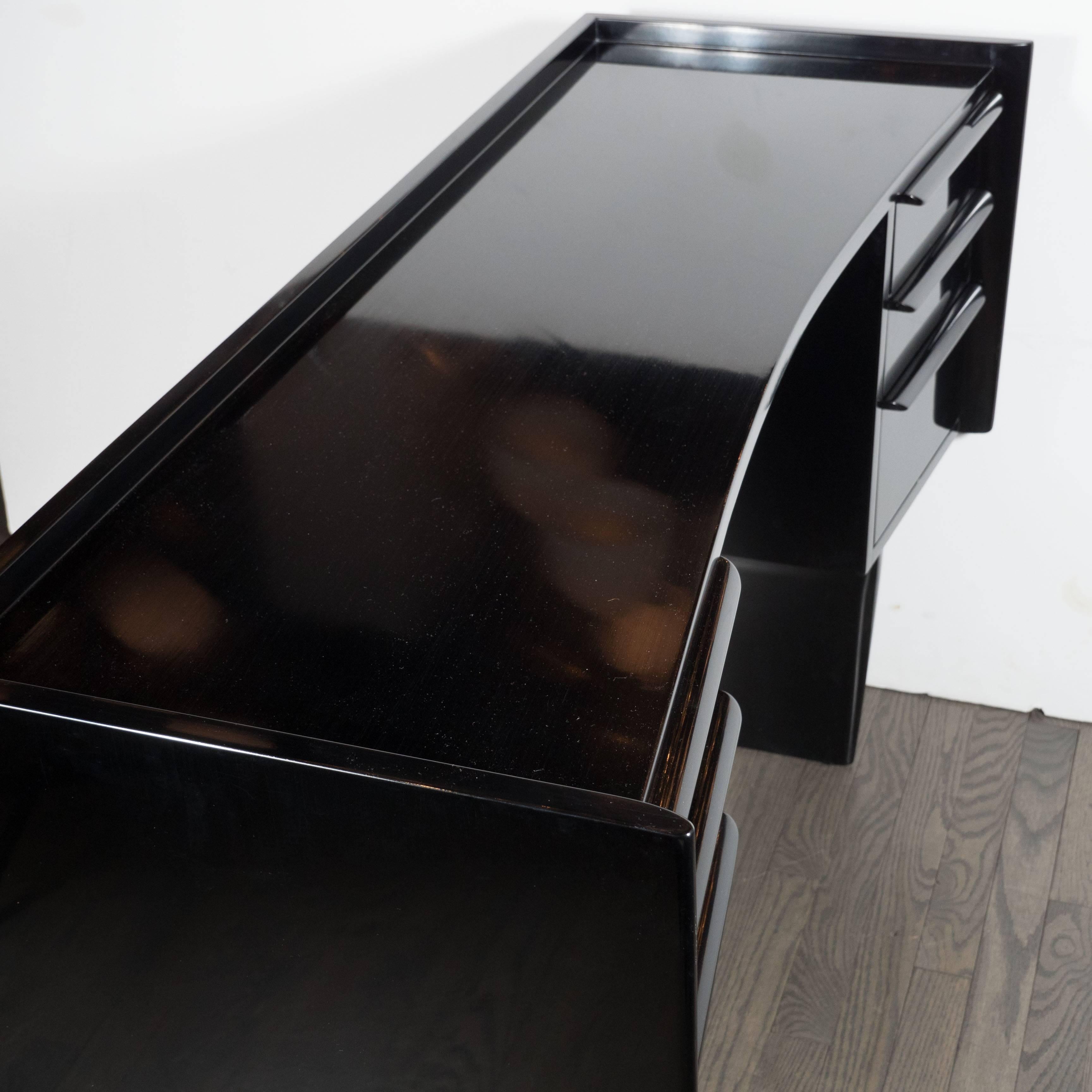 Mid-Century Modernist Streamlined Bowed-Front Desk or Vanity in Ebonized Walnut 1