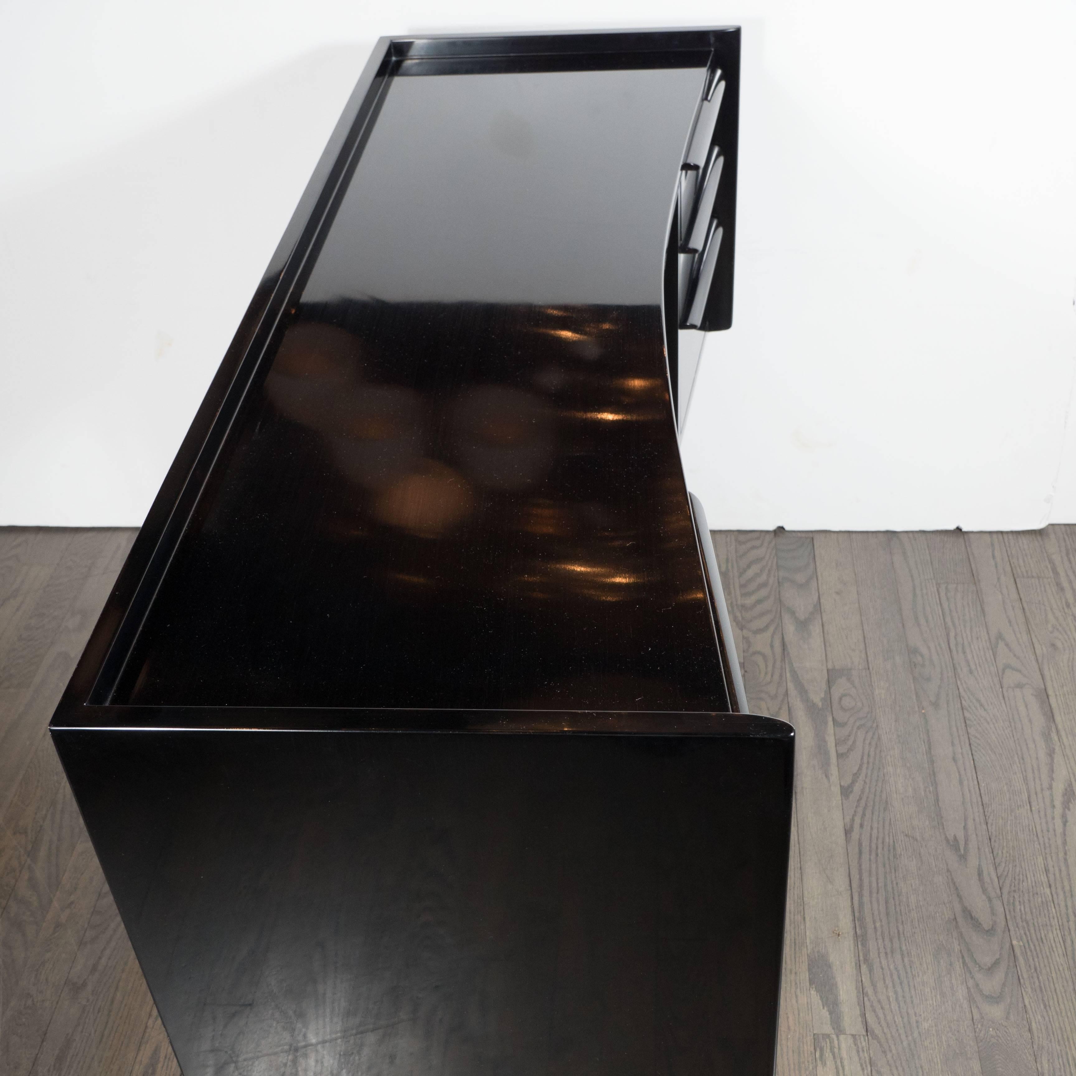 Mid-Century Modernist Streamlined Bowed-Front Desk or Vanity in Ebonized Walnut 2