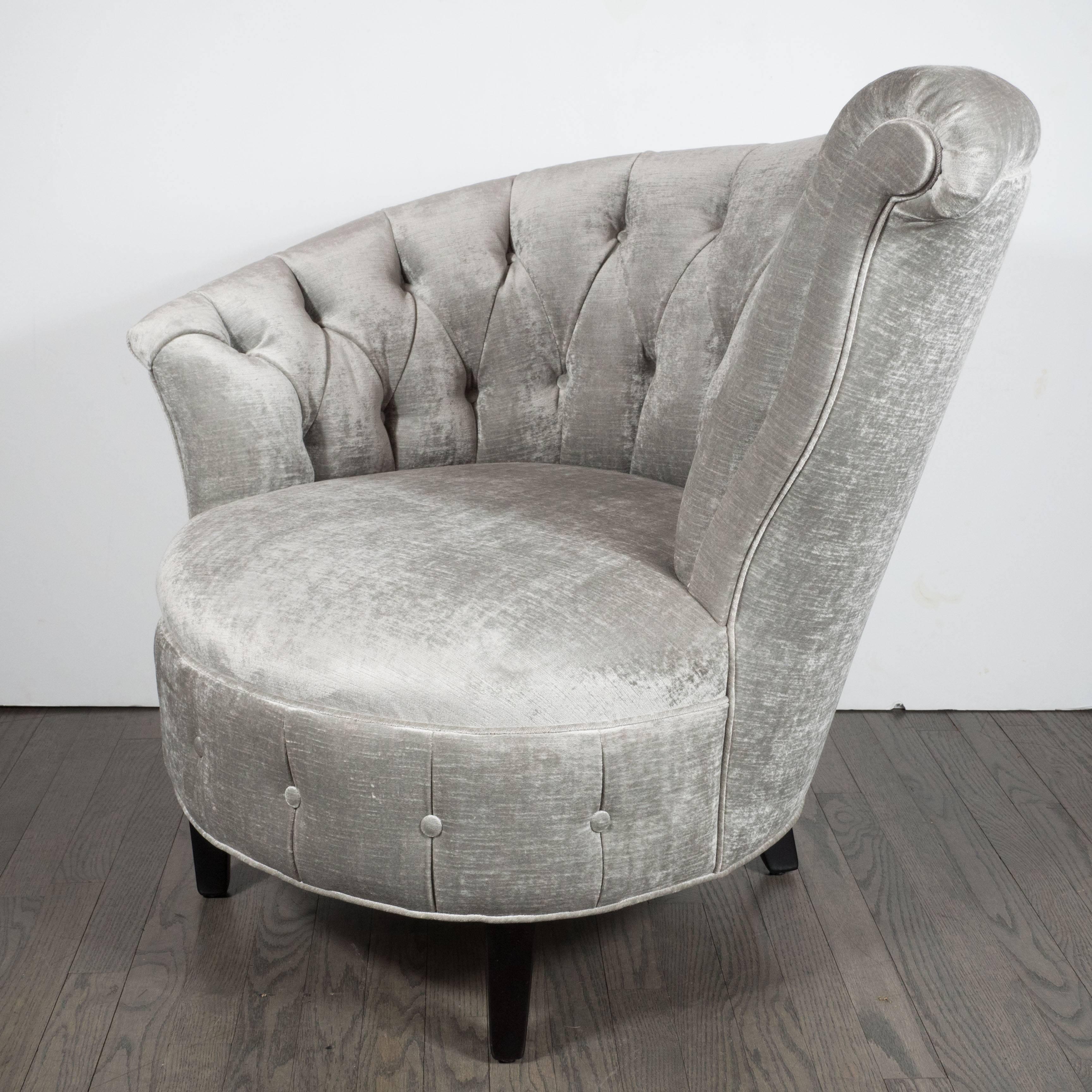 American 1940s Hollywood Regency Asymmetrical Tufted Chair in Platinum Velvet
