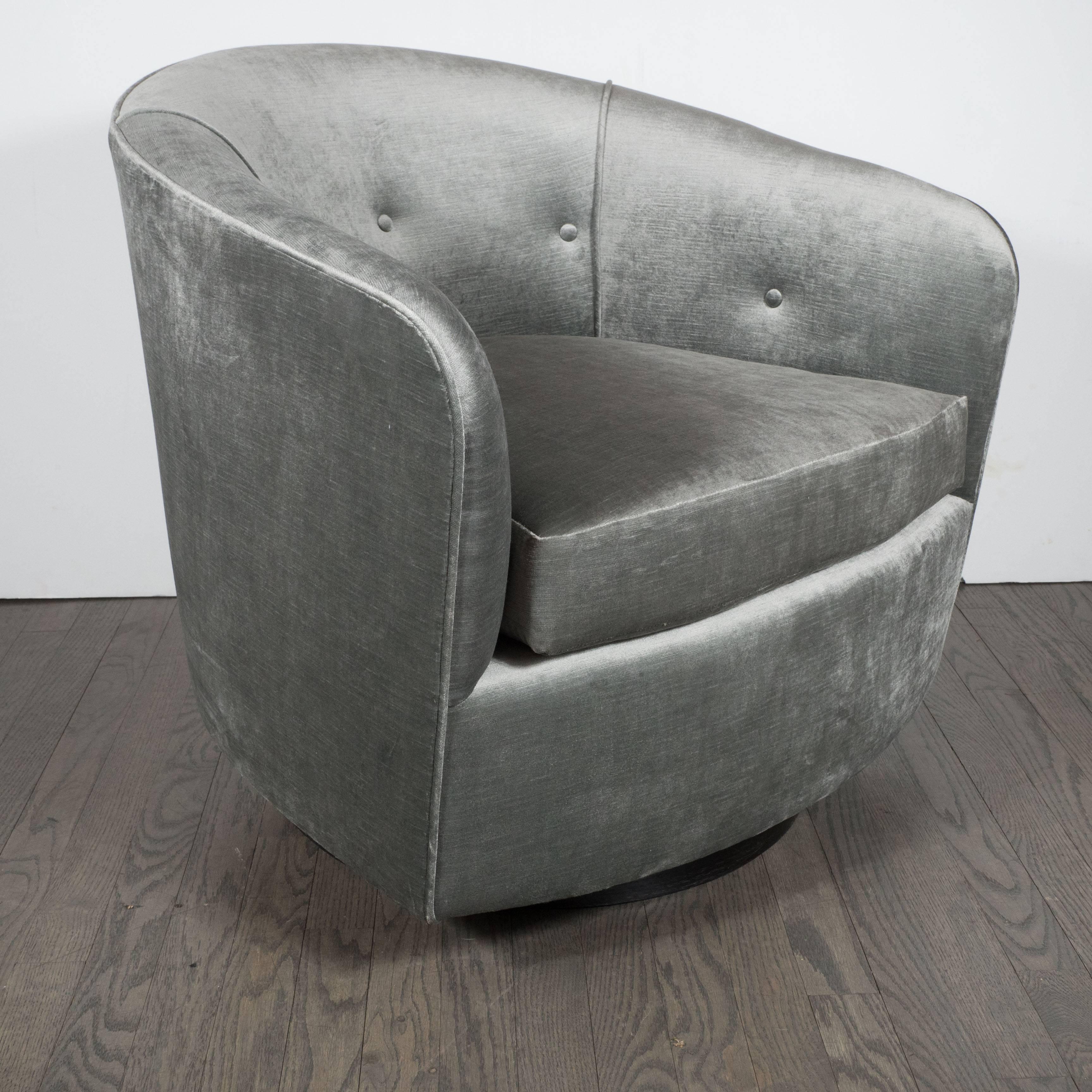 American Pair of Milo Baughman Swivel Chairs in Platinum Velvet with Tufted Detailing