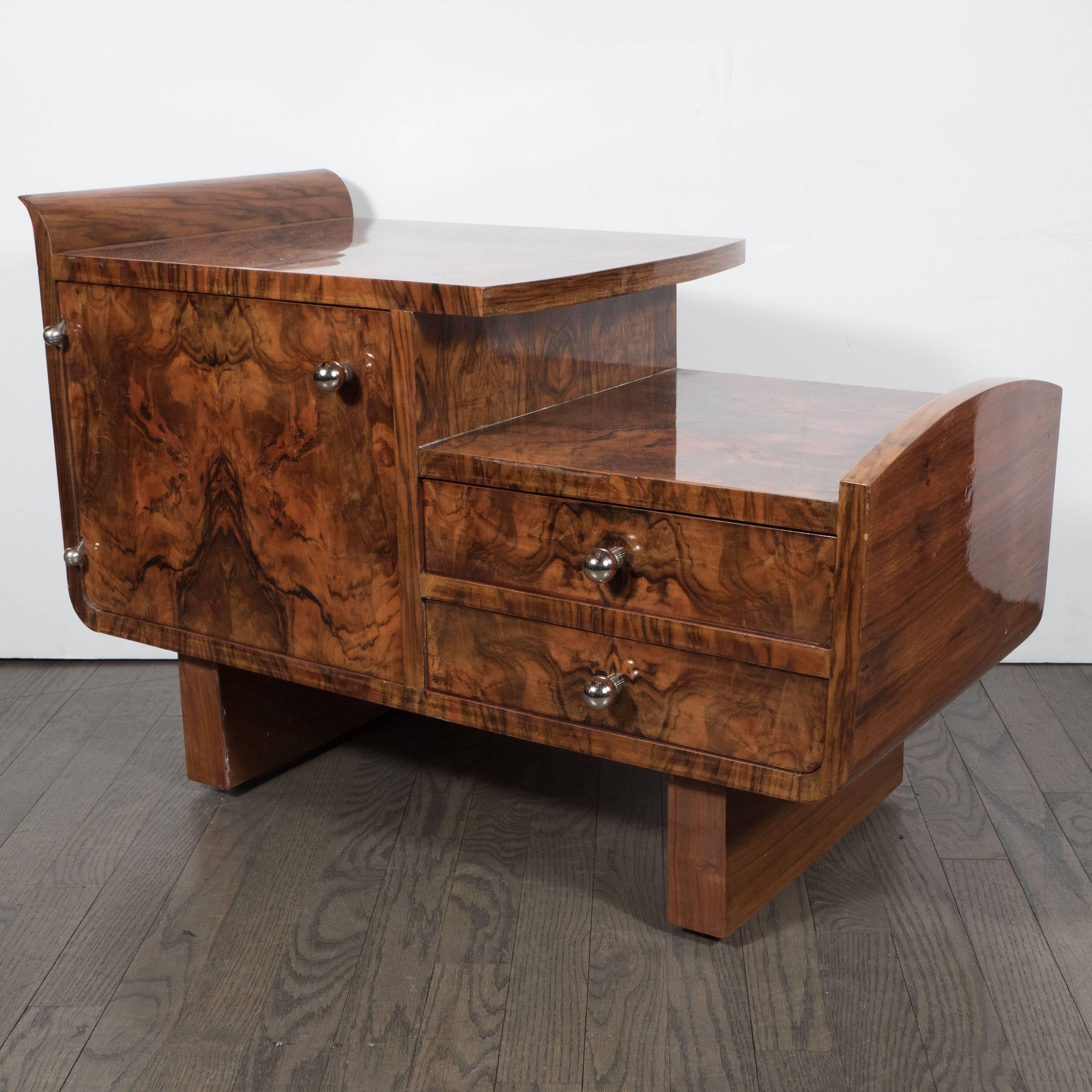Mid-20th Century Art Deco Exotic Bookmatched Burled Walnut and Nickel Occasional Stepped Table