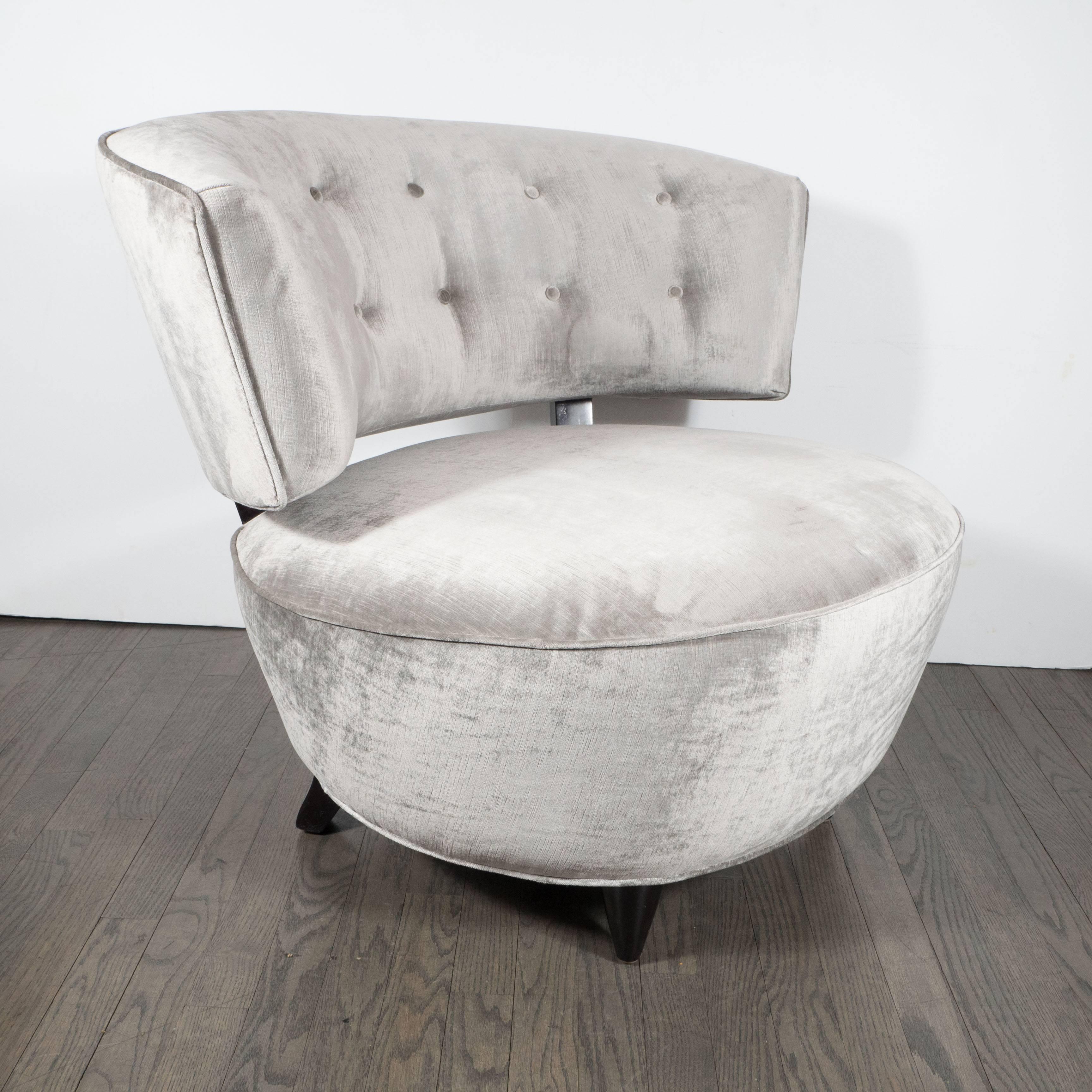 American Pair of Art Deco Round Slipper Chairs in Smoked Platinum Velvet by Gilbert Rohde