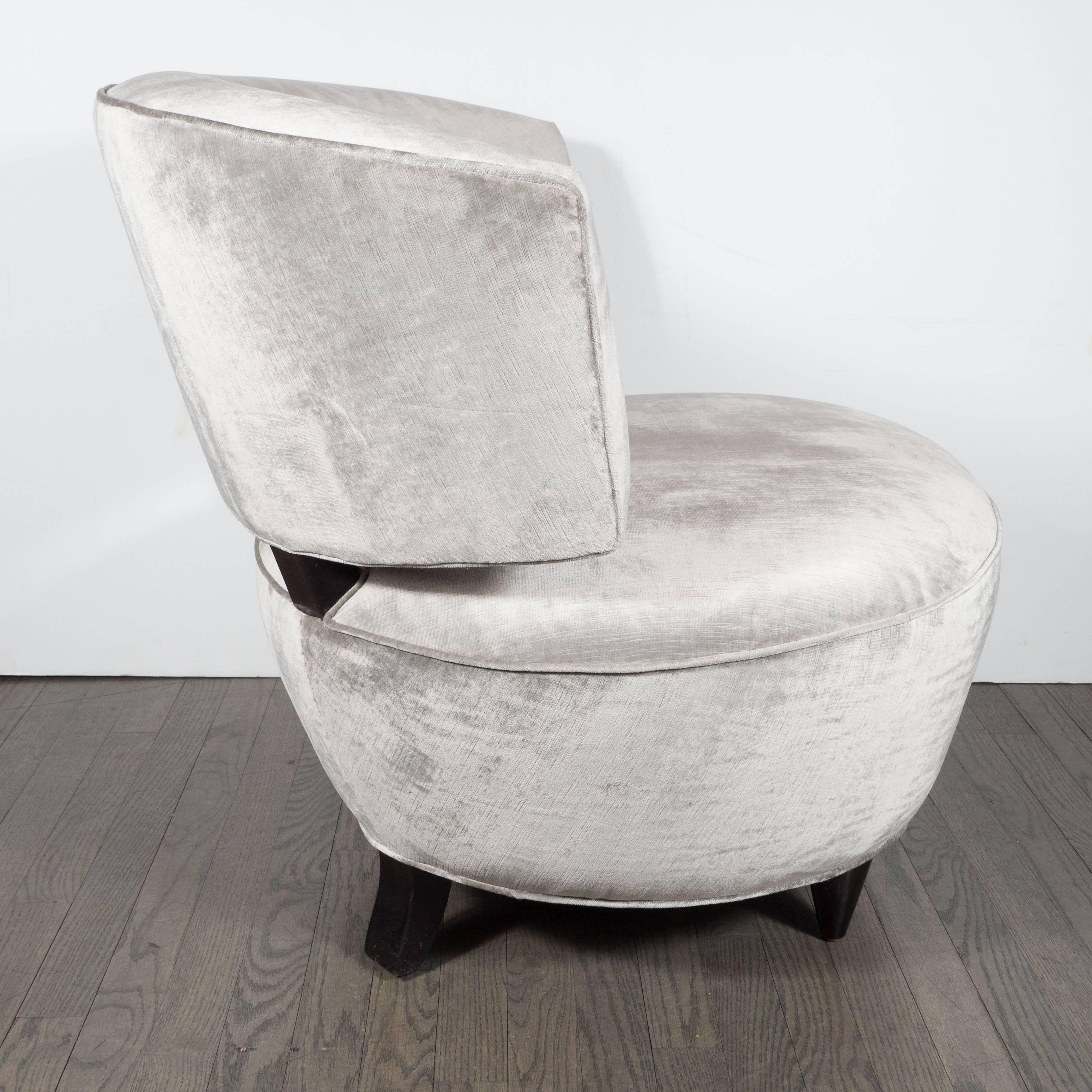 Pair of Art Deco Round Slipper Chairs in Smoked Platinum Velvet by Gilbert Rohde In Excellent Condition In New York, NY