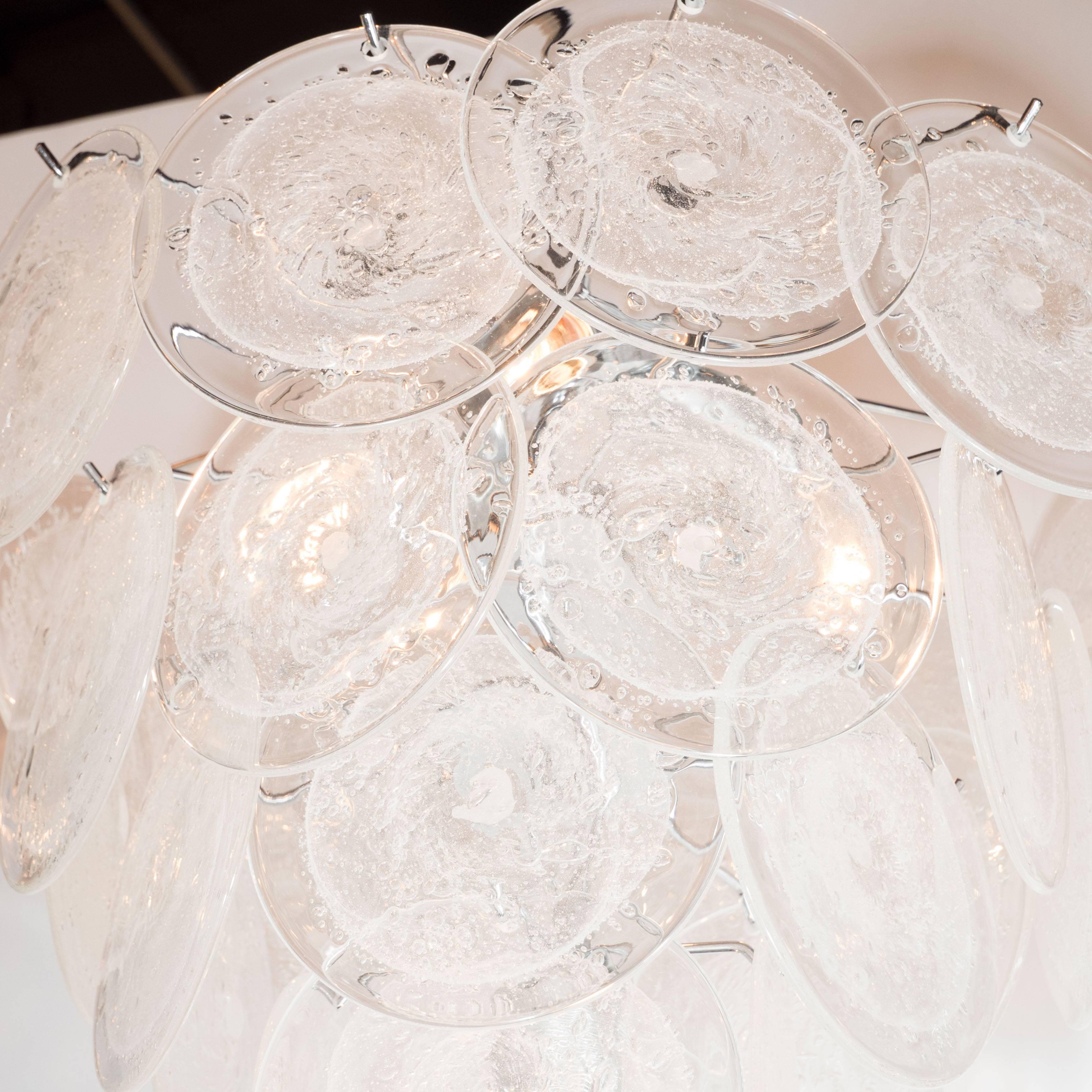 Mid-Century Modern Modernist Vistosi Style Chandelier in Chrome and Textured Murano Glass Discs