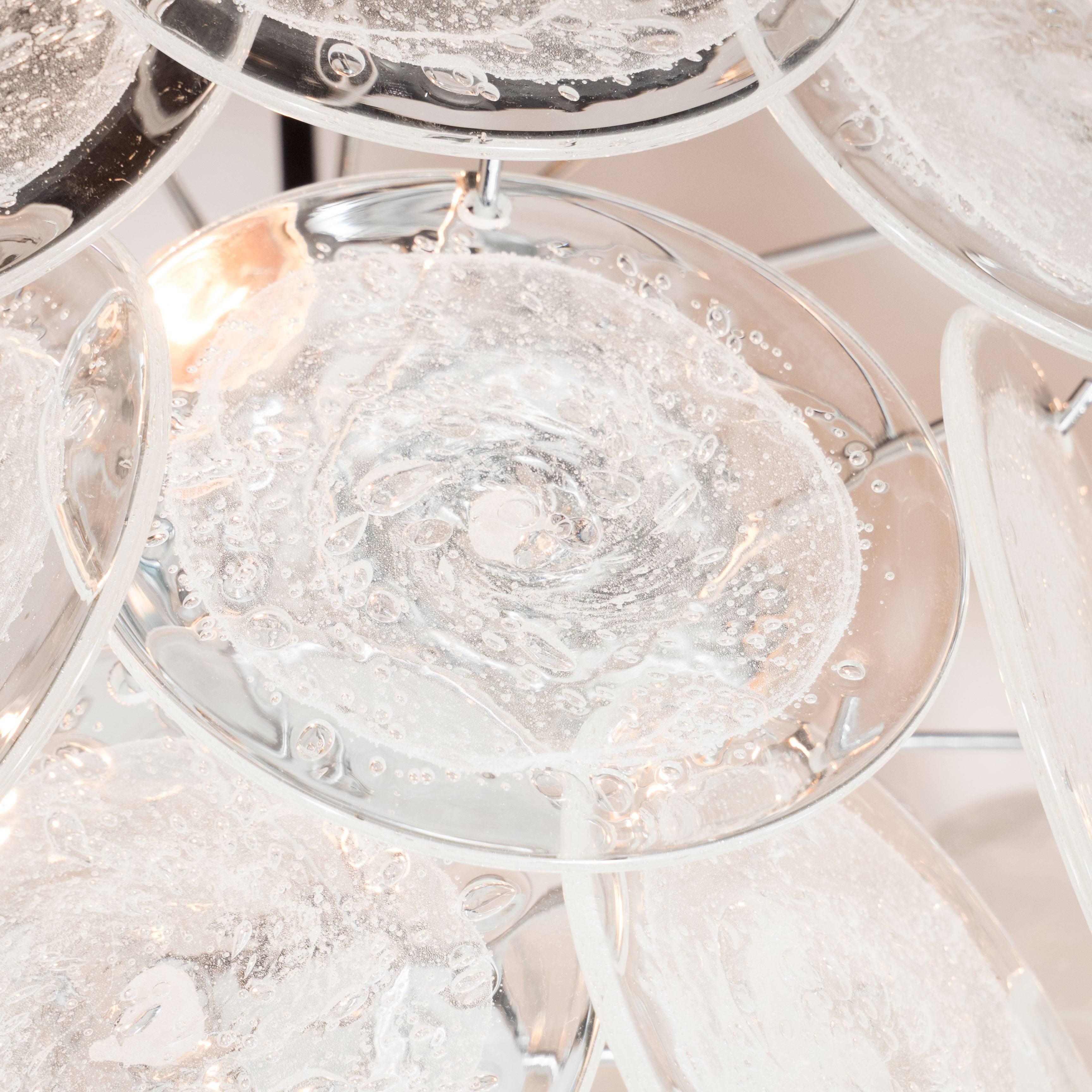 Italian Modernist Vistosi Style Chandelier in Chrome and Textured Murano Glass Discs