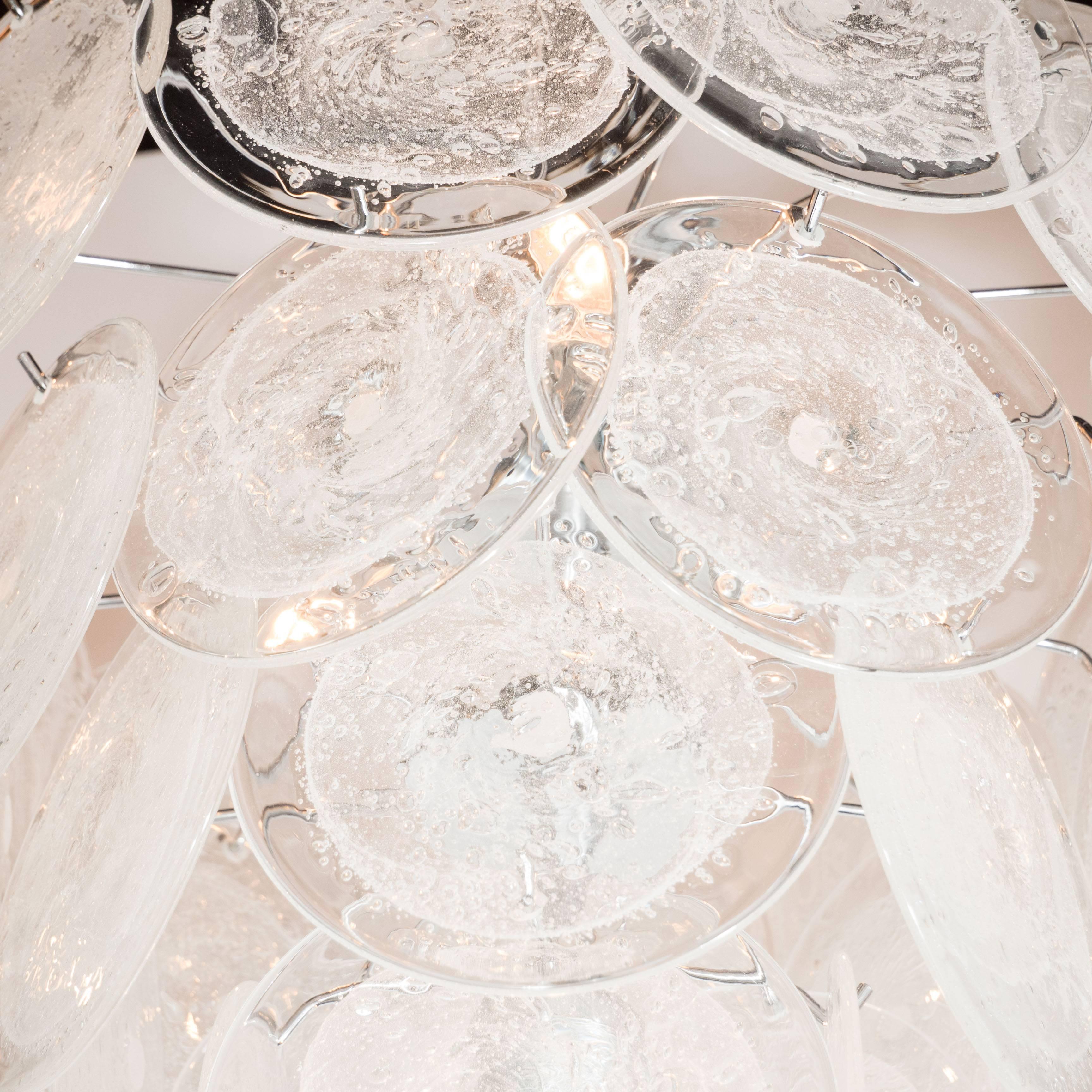 Hand-Crafted Modernist Vistosi Style Chandelier in Chrome and Textured Murano Glass Discs