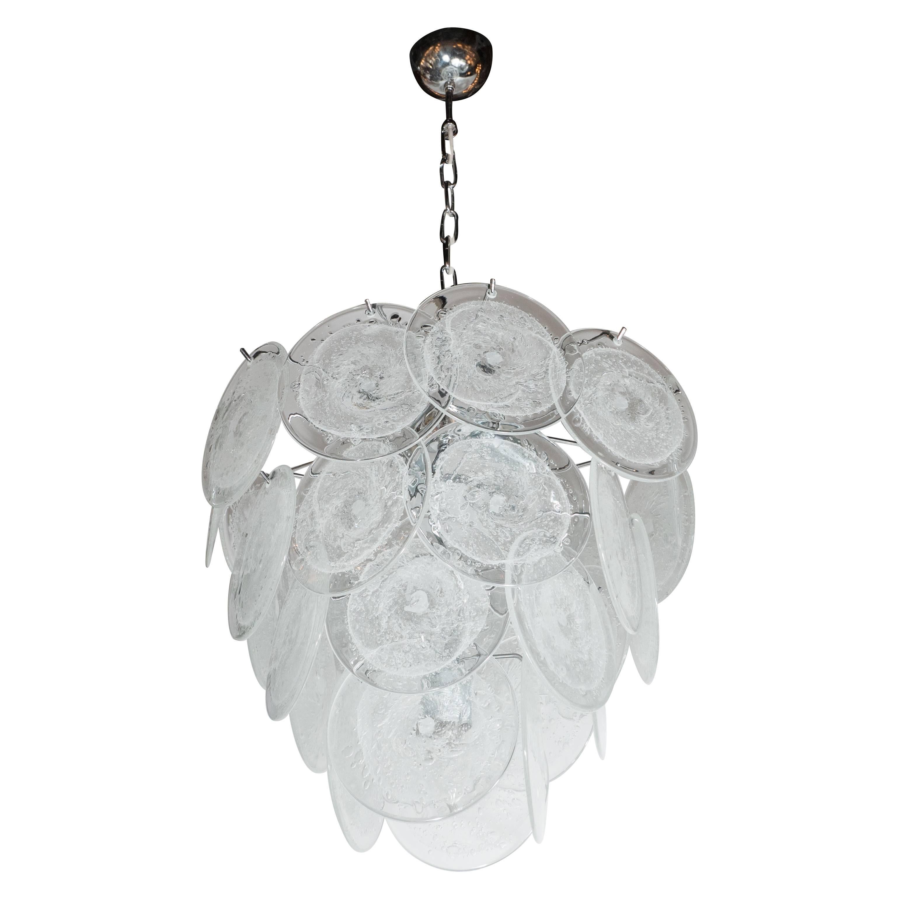 Modernist Vistosi Style Chandelier in Chrome and Textured Murano Glass Discs 
