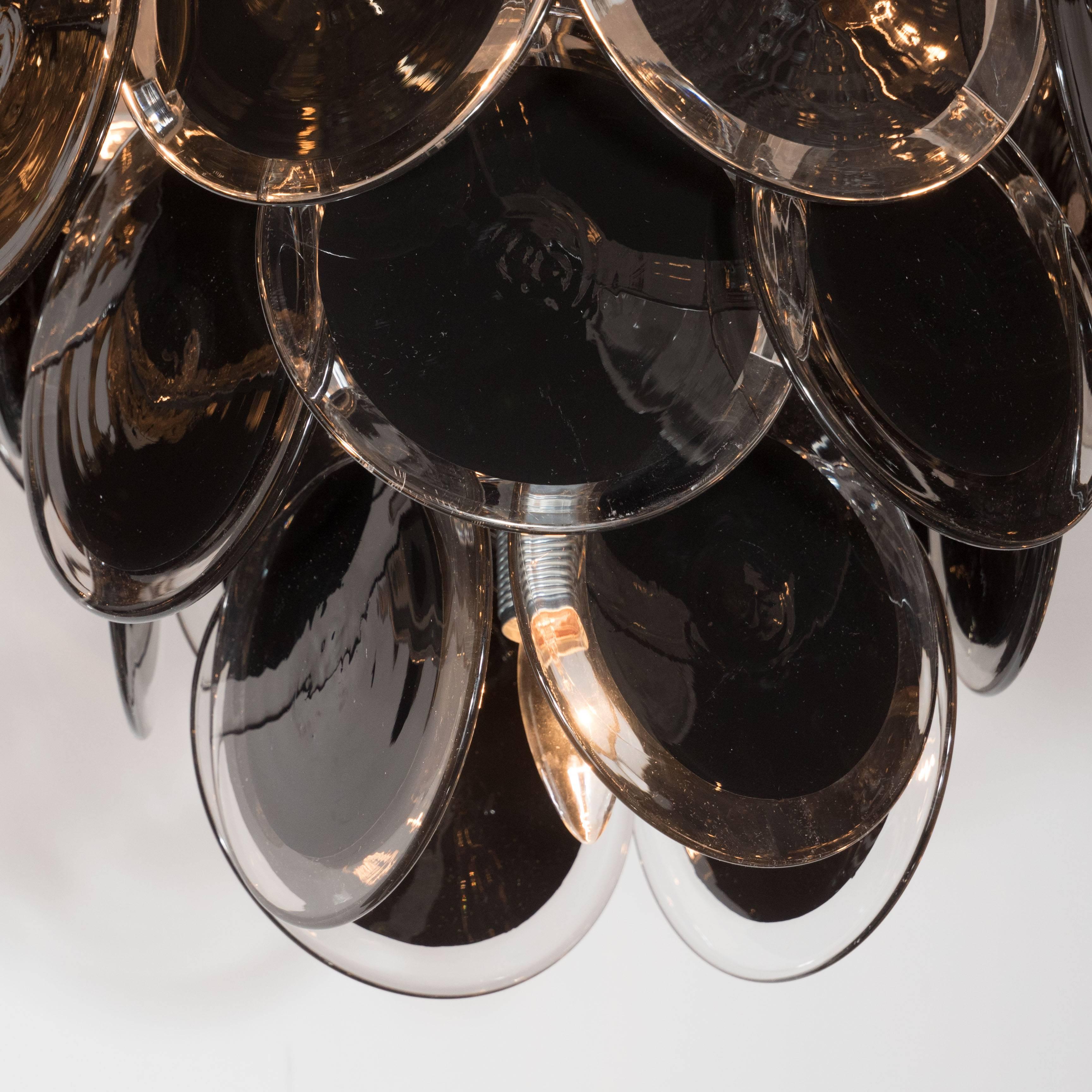 Mid-Century Modern Modernist Clear and Black Murano Glass Disc Chandelier in the Manner of Vistosi For Sale
