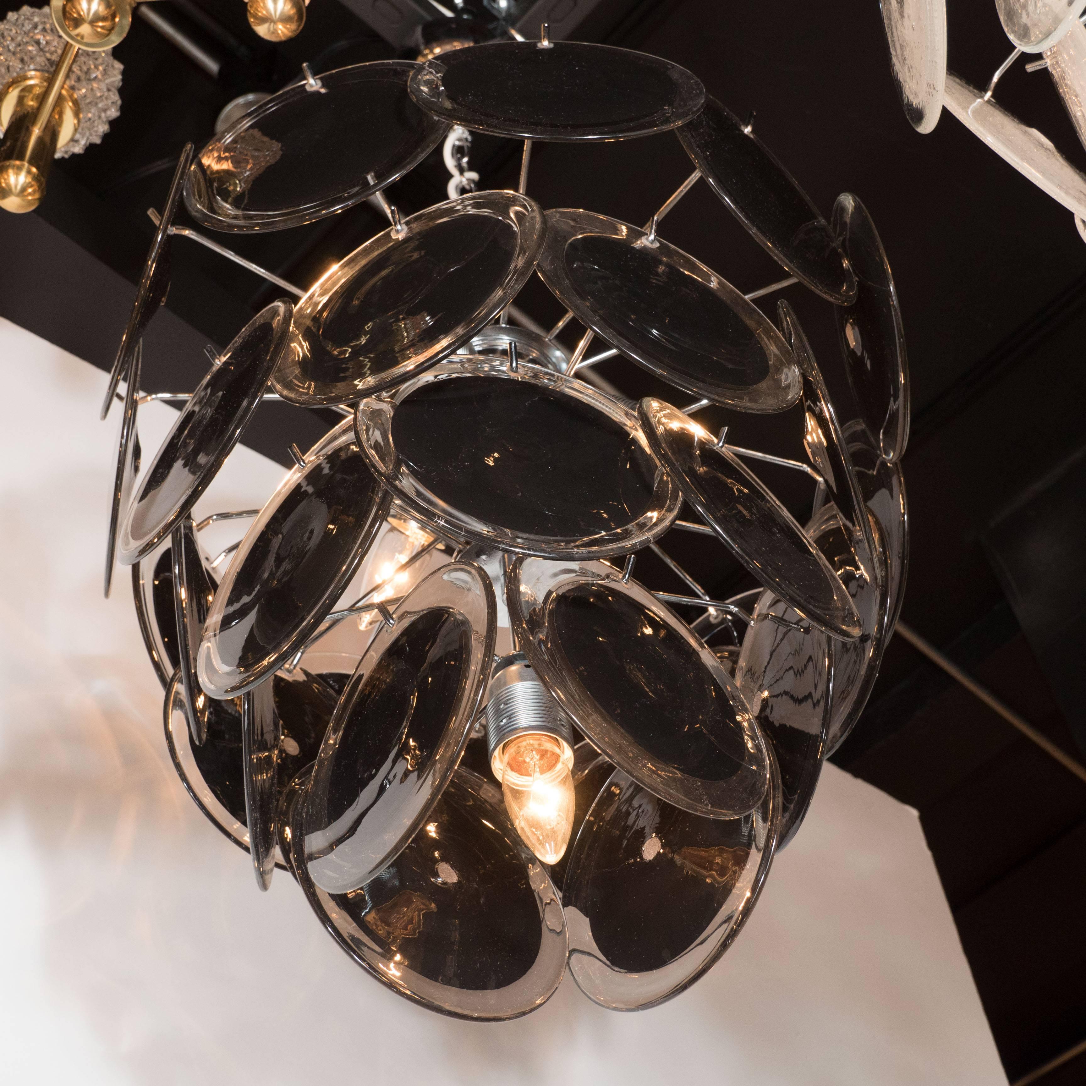 Polished Modernist Clear and Black Murano Glass Disc Chandelier in the Manner of Vistosi For Sale
