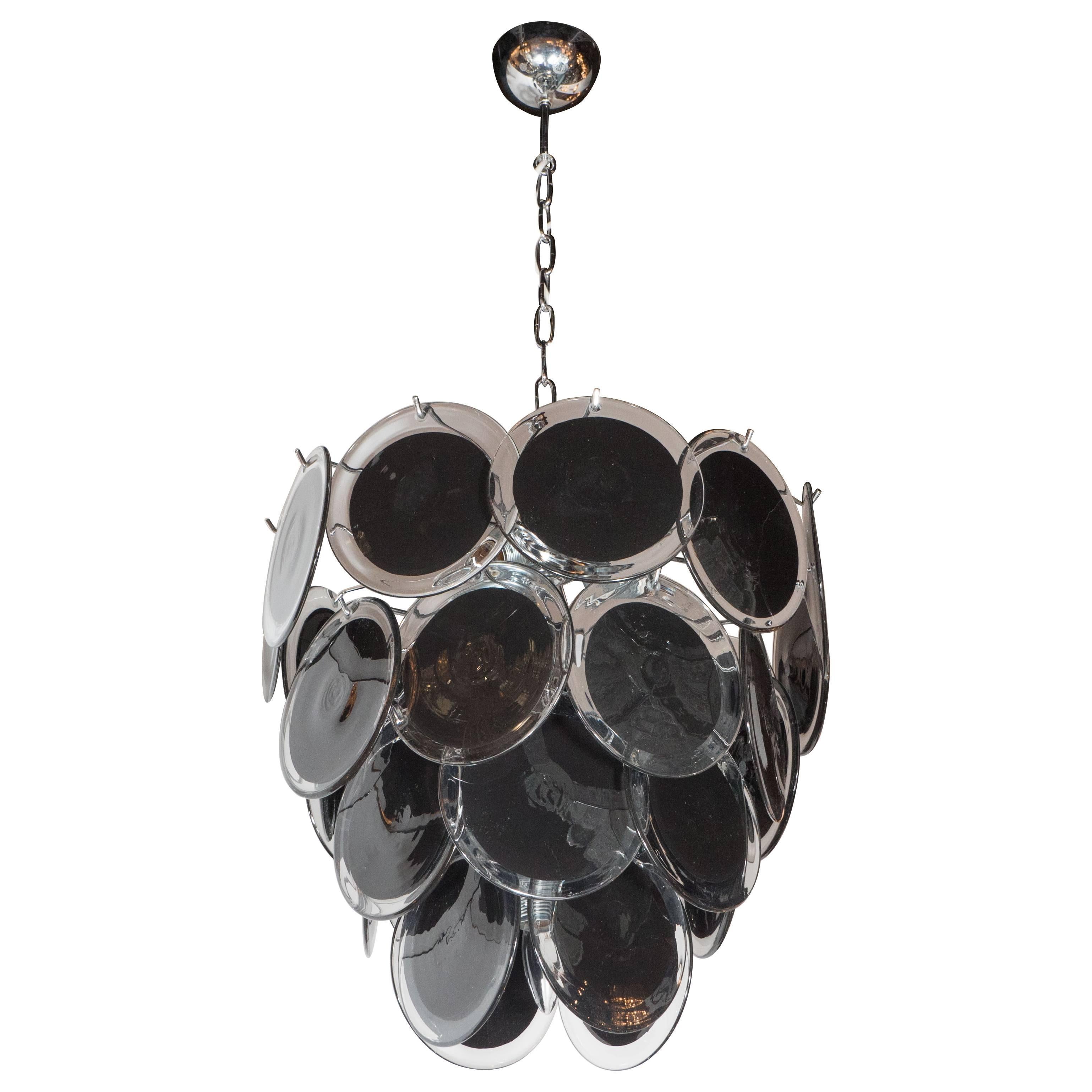 Modernist Clear and Black Murano Glass Disc Chandelier in the Manner of Vistosi