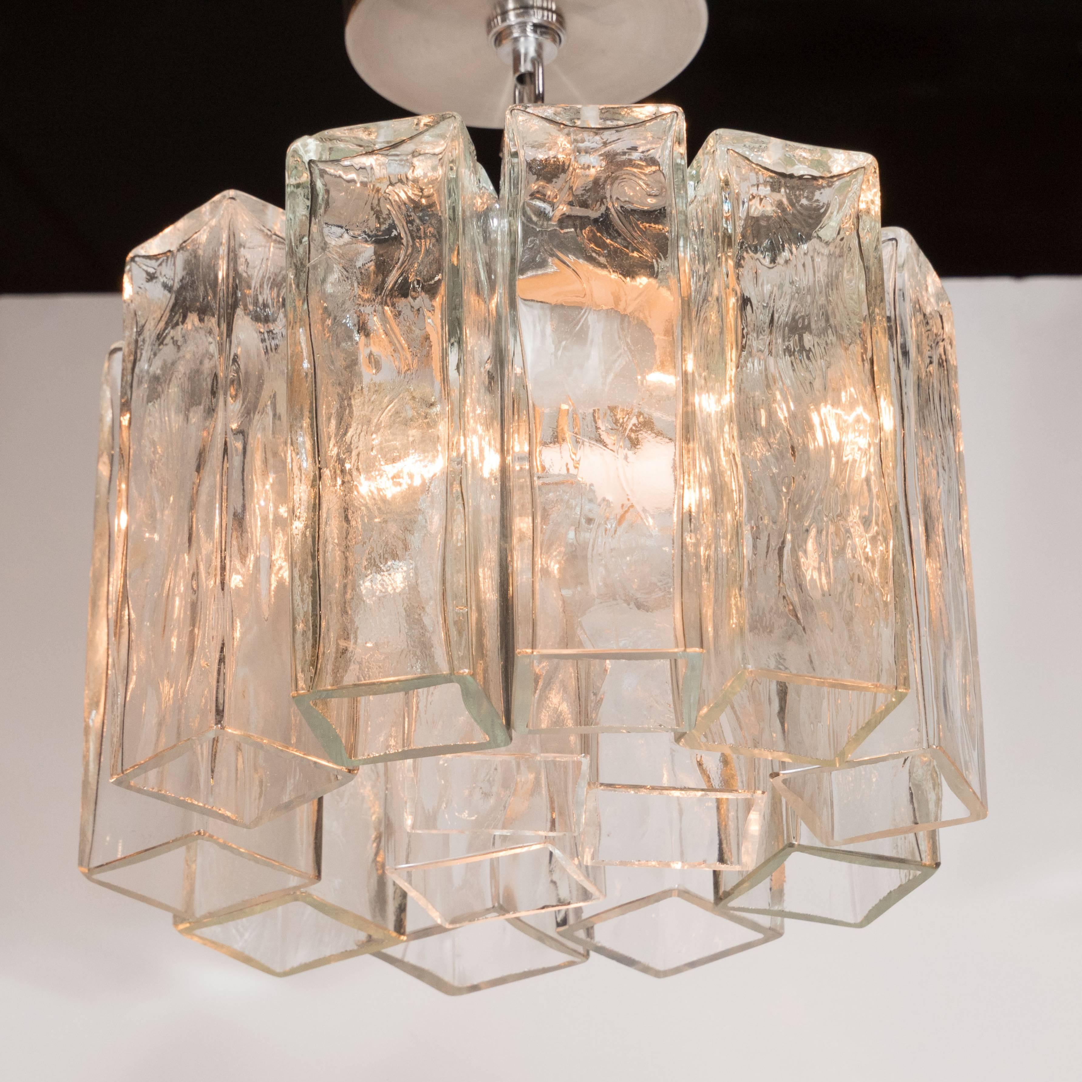 Italian Mid-Century Pendant with Textured Glass Rectangular Tronchi Hanging Prisms