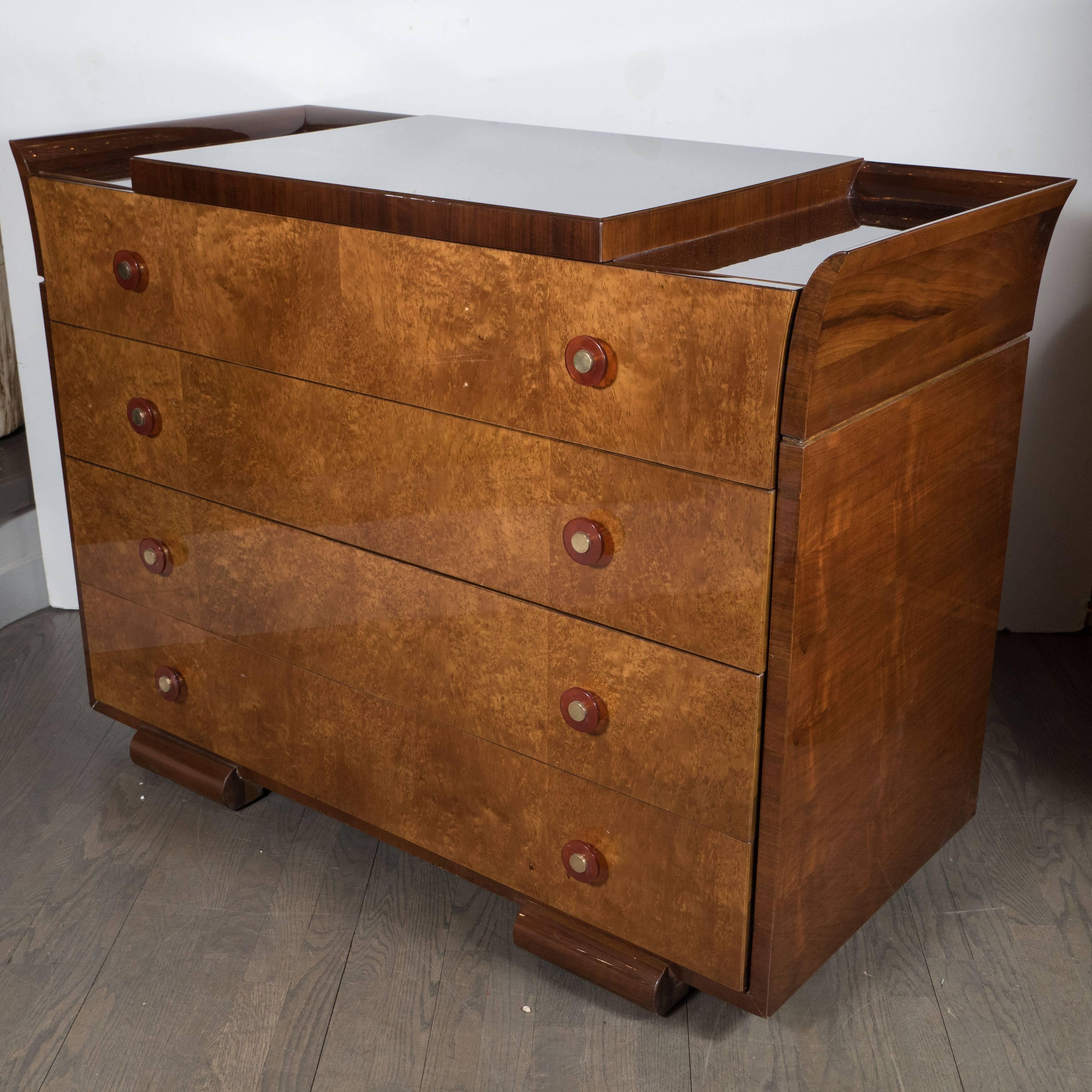 Mid-20th Century Art Deco Skyscraper Style Chest in Bookmatched  Burled Elm, Mahogany and Walnut