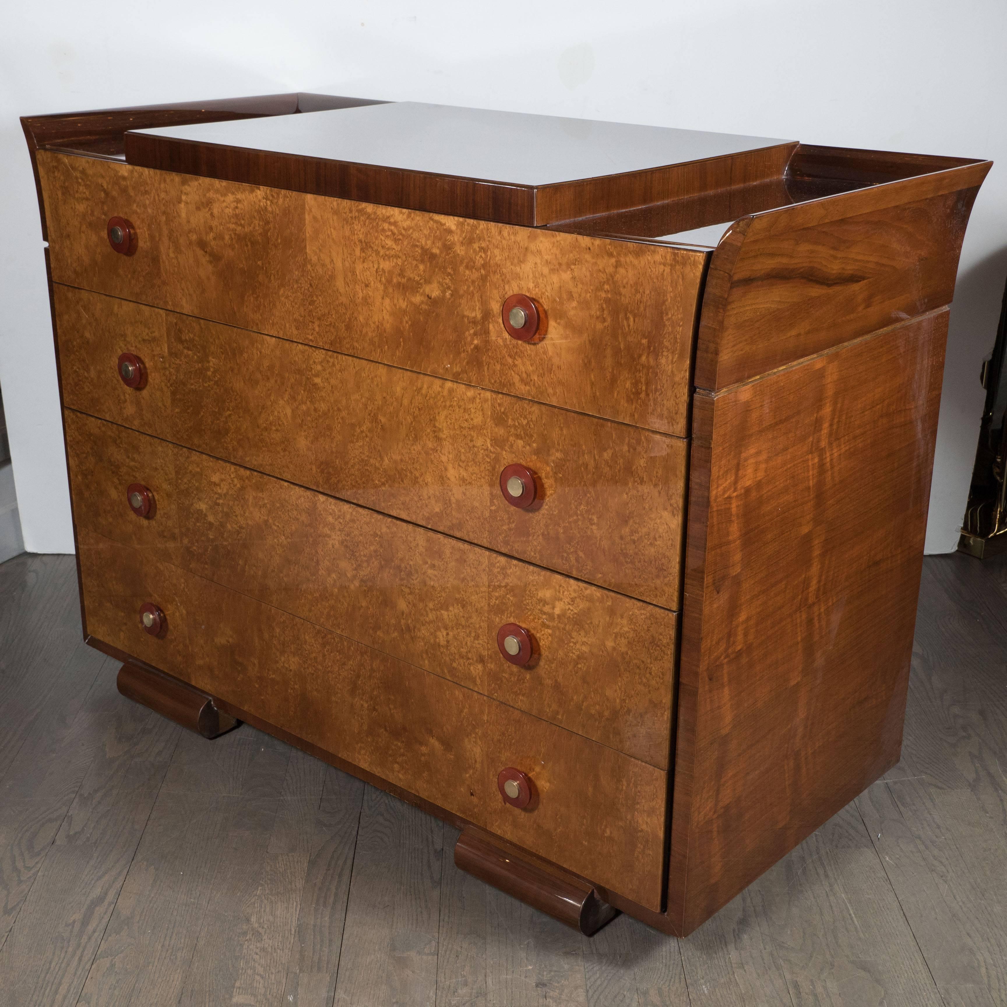 Brass Art Deco Skyscraper Style Chest in Bookmatched  Burled Elm, Mahogany and Walnut