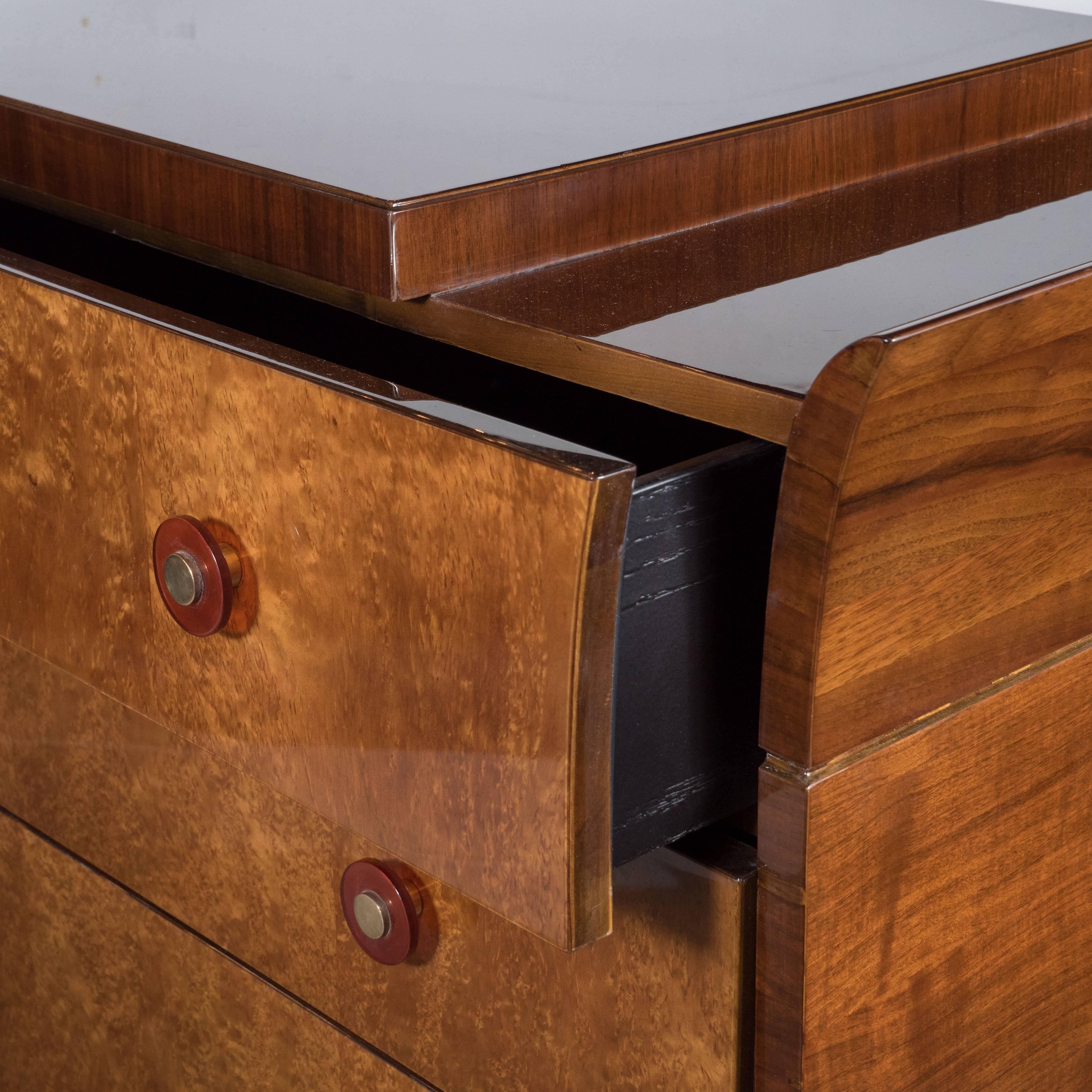 Art Deco Skyscraper Style Chest in Bookmatched  Burled Elm, Mahogany and Walnut 2