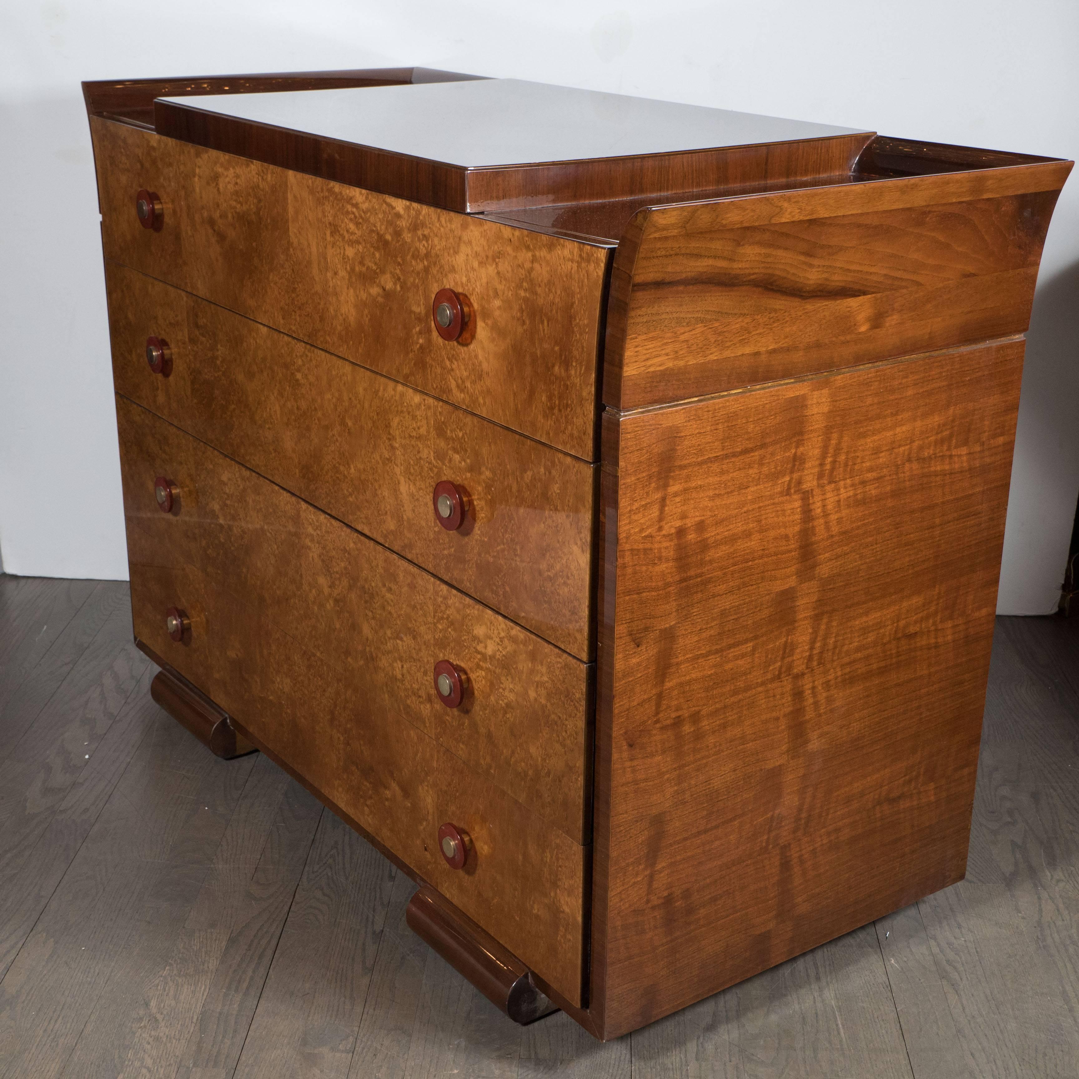 Art Deco Skyscraper Style Chest in Bookmatched  Burled Elm, Mahogany and Walnut 4