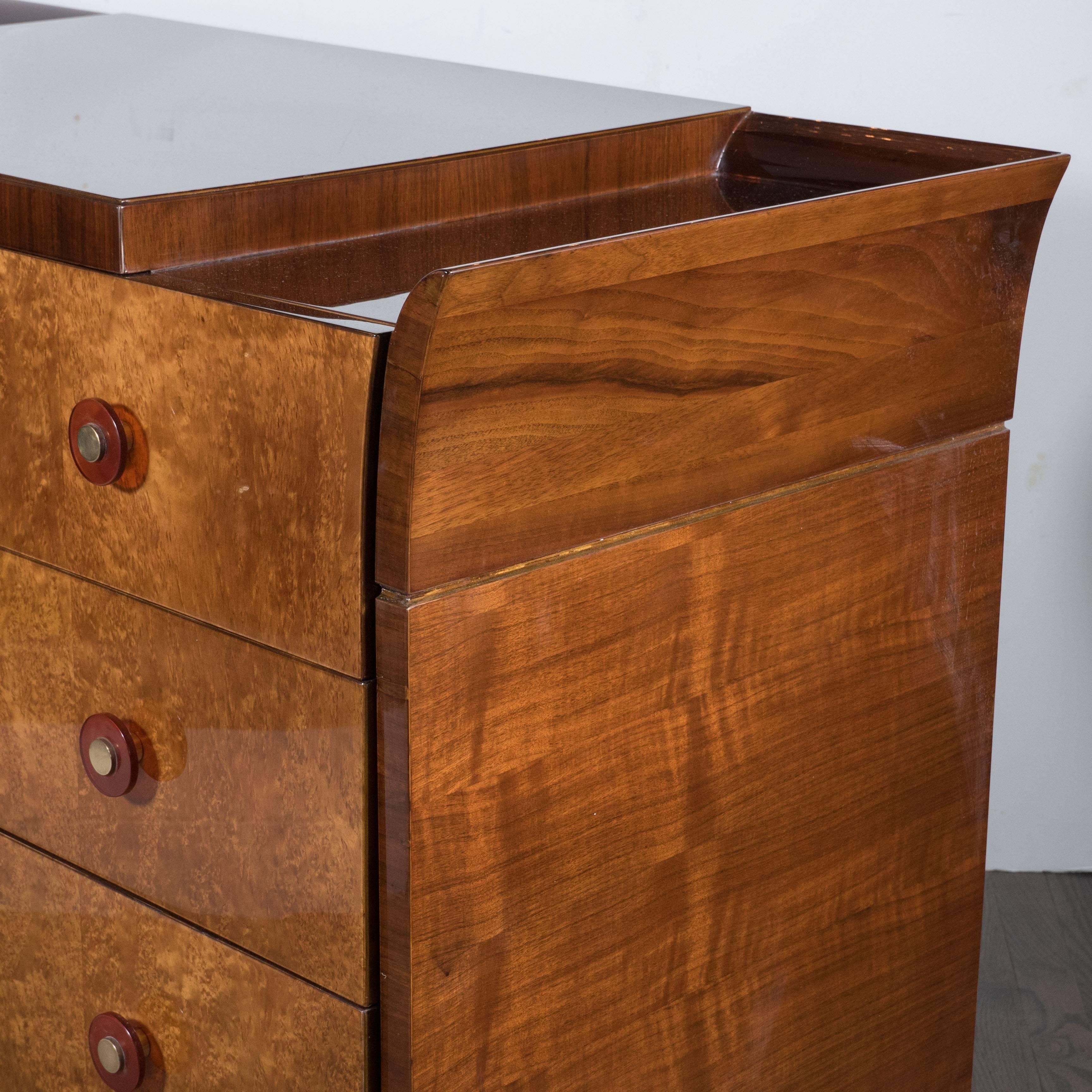 Art Deco Skyscraper Style Chest in Bookmatched  Burled Elm, Mahogany and Walnut 3