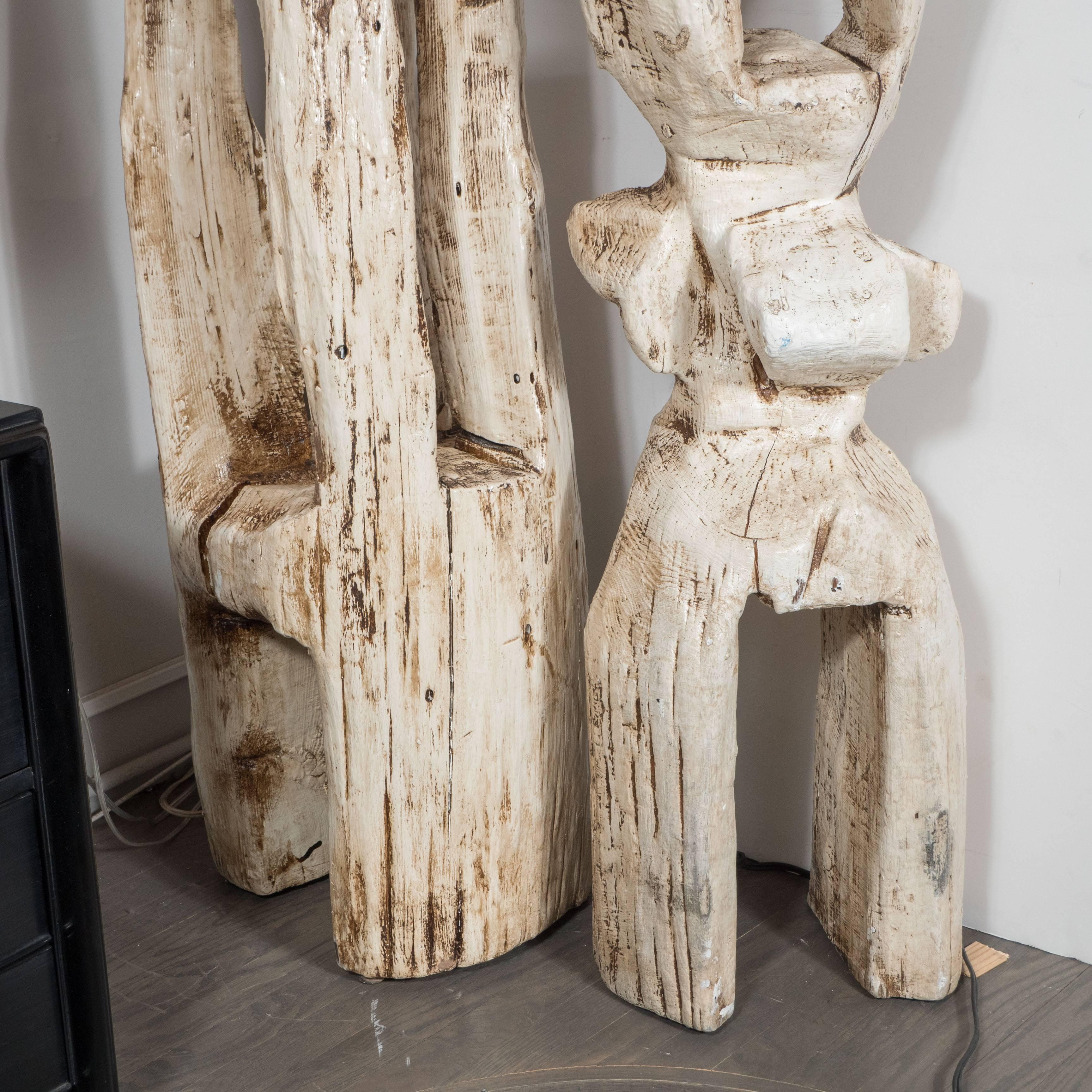 Wood Monumental Pair of White Washed Hand Organic Sculpted Totems by Espen Eiborg