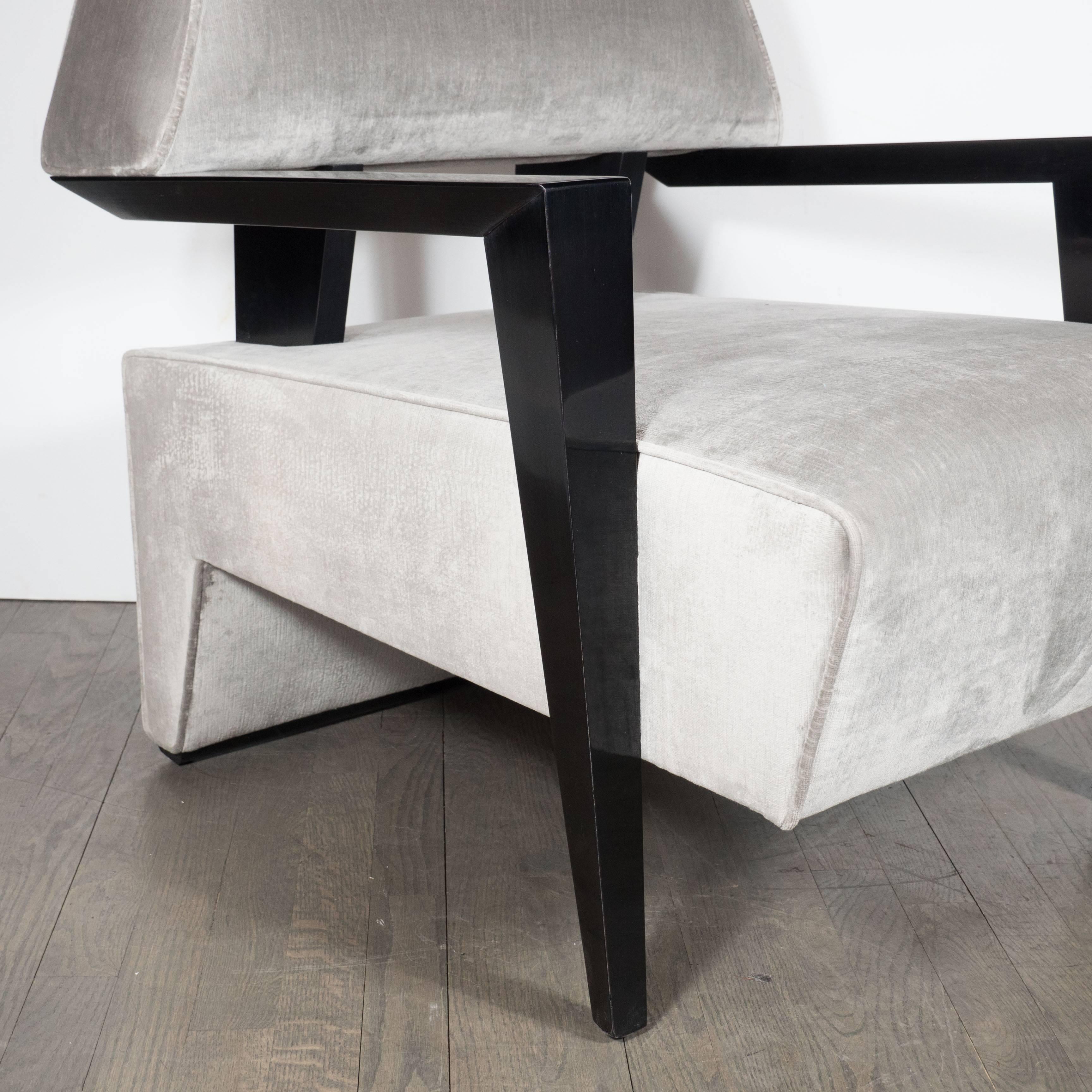 Walnut Pair of Sculptural Armchairs in Platinum Velvet in the Style of James Mont