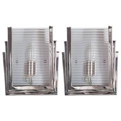 Pair of Art Deco Skyscraper Style Nickelled Bronze Sconces with Glass Rods