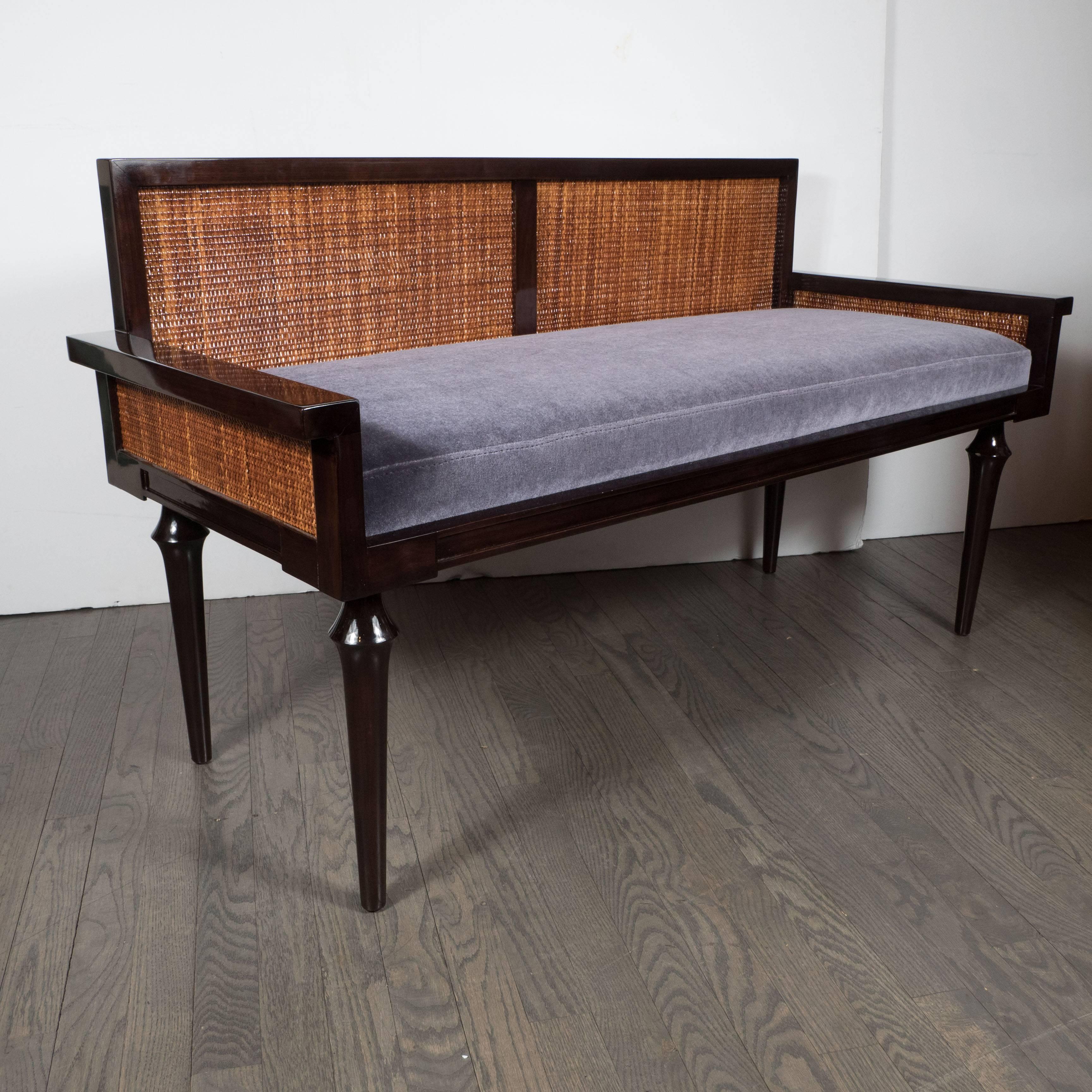 American Mid-Century Modernist Bench in Ebonized Walnut with Inset Caning and Mohair