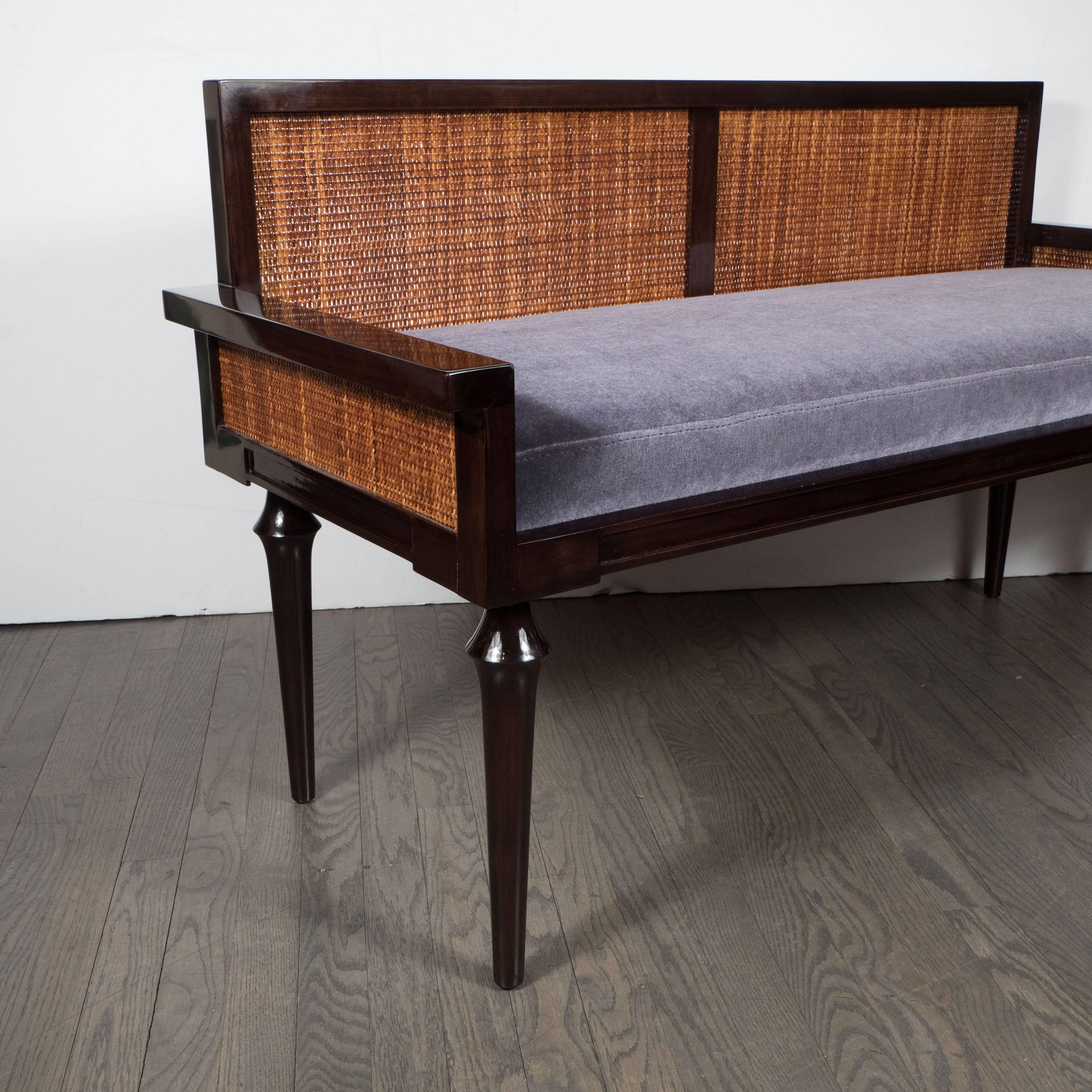 Mid-20th Century Mid-Century Modernist Bench in Ebonized Walnut with Inset Caning and Mohair