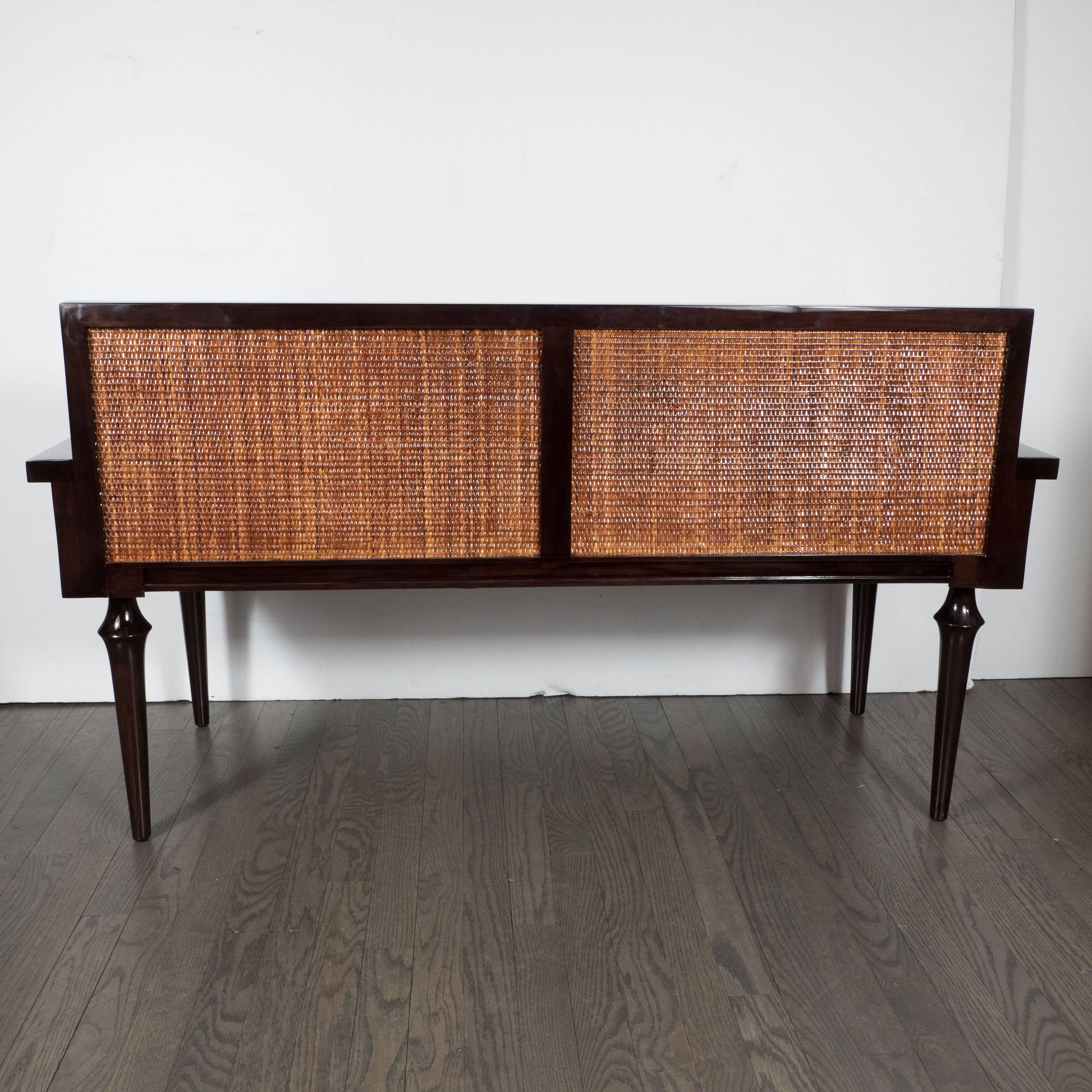 Mid-Century Modernist Bench in Ebonized Walnut with Inset Caning and Mohair 1
