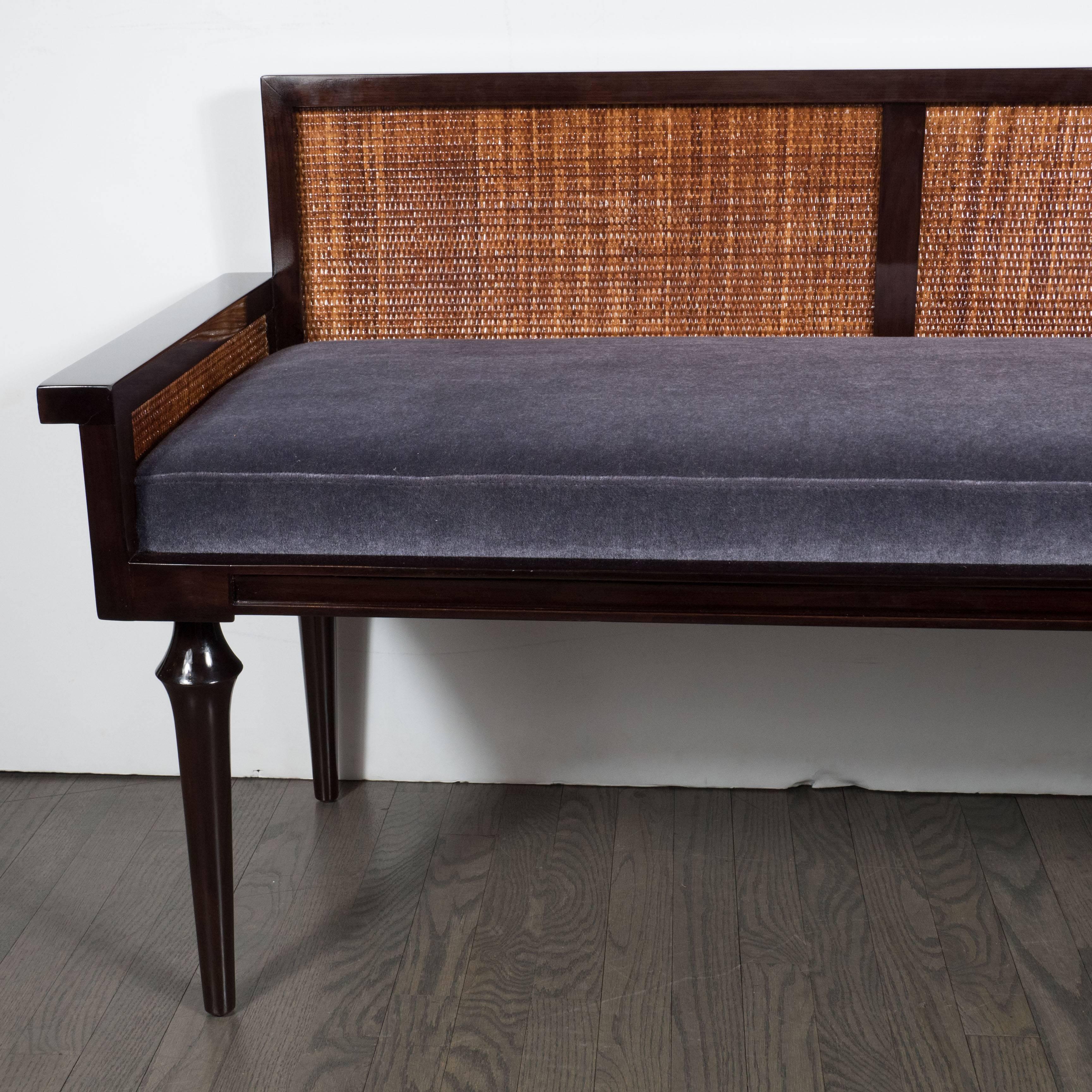 Mid-Century Modernist Bench in Ebonized Walnut with Inset Caning and Mohair 2