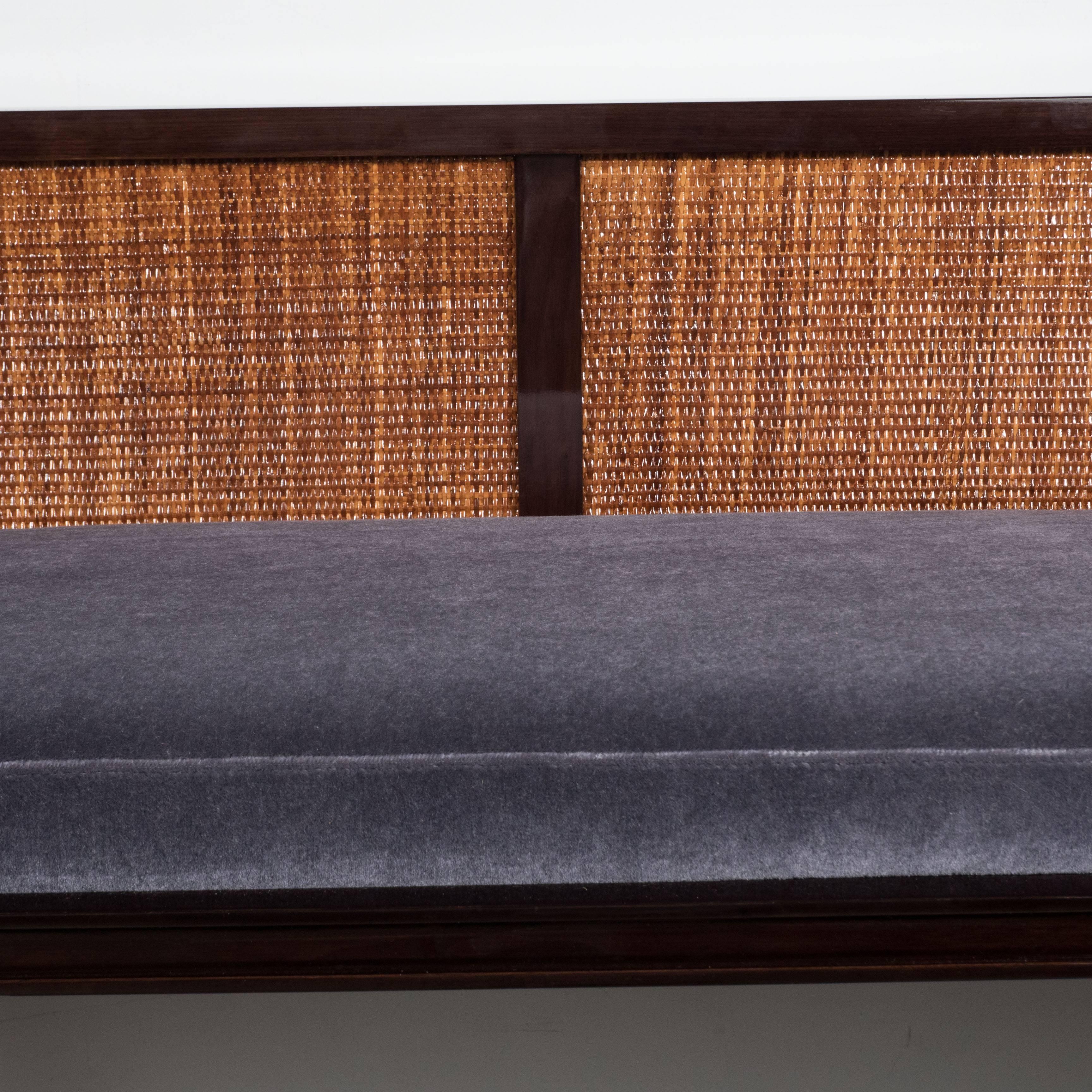 Mid-Century Modernist Bench in Ebonized Walnut with Inset Caning and Mohair In Excellent Condition In New York, NY