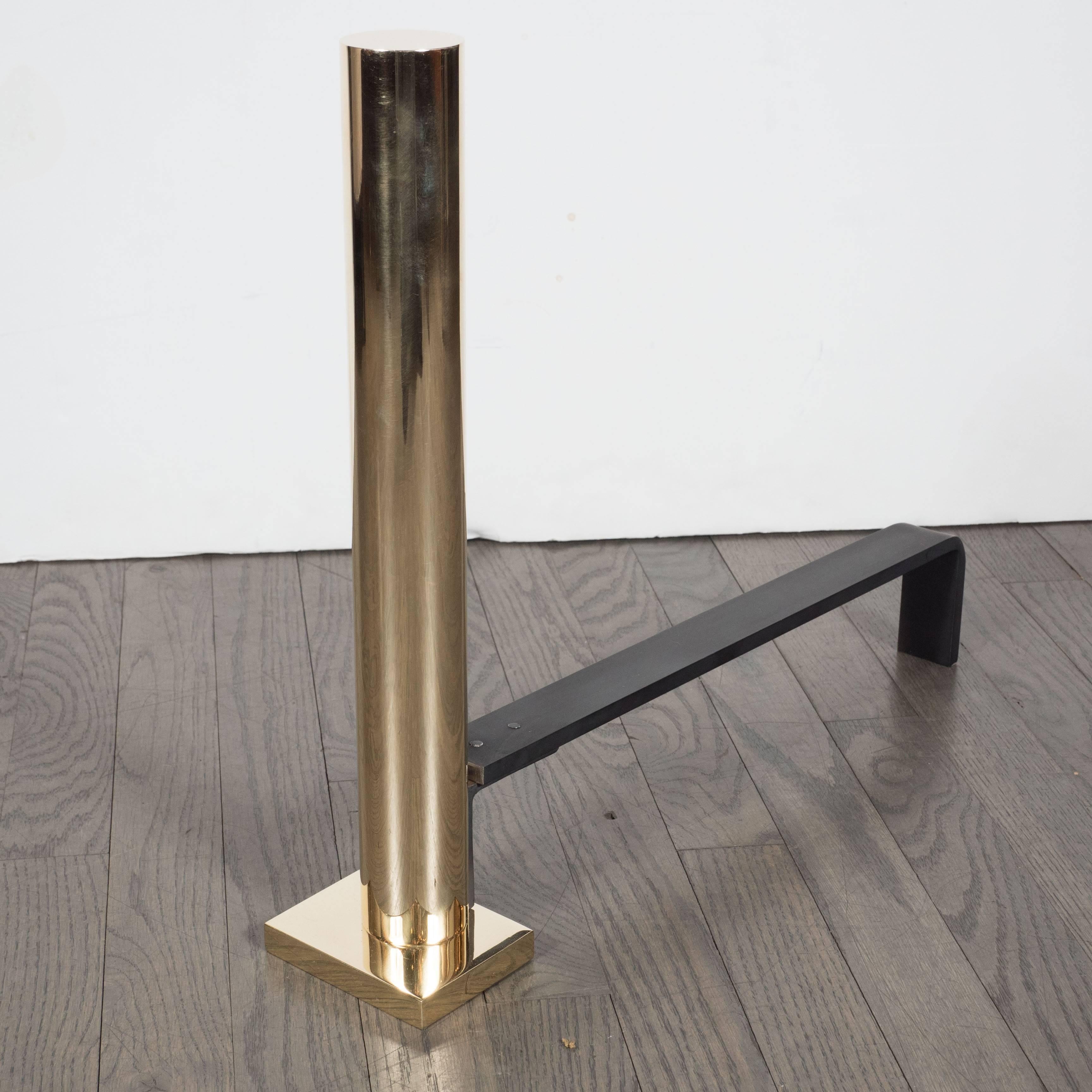 Pair of Custom Modernist Polished Brass Cylindrical Form Andirons For Sale 1