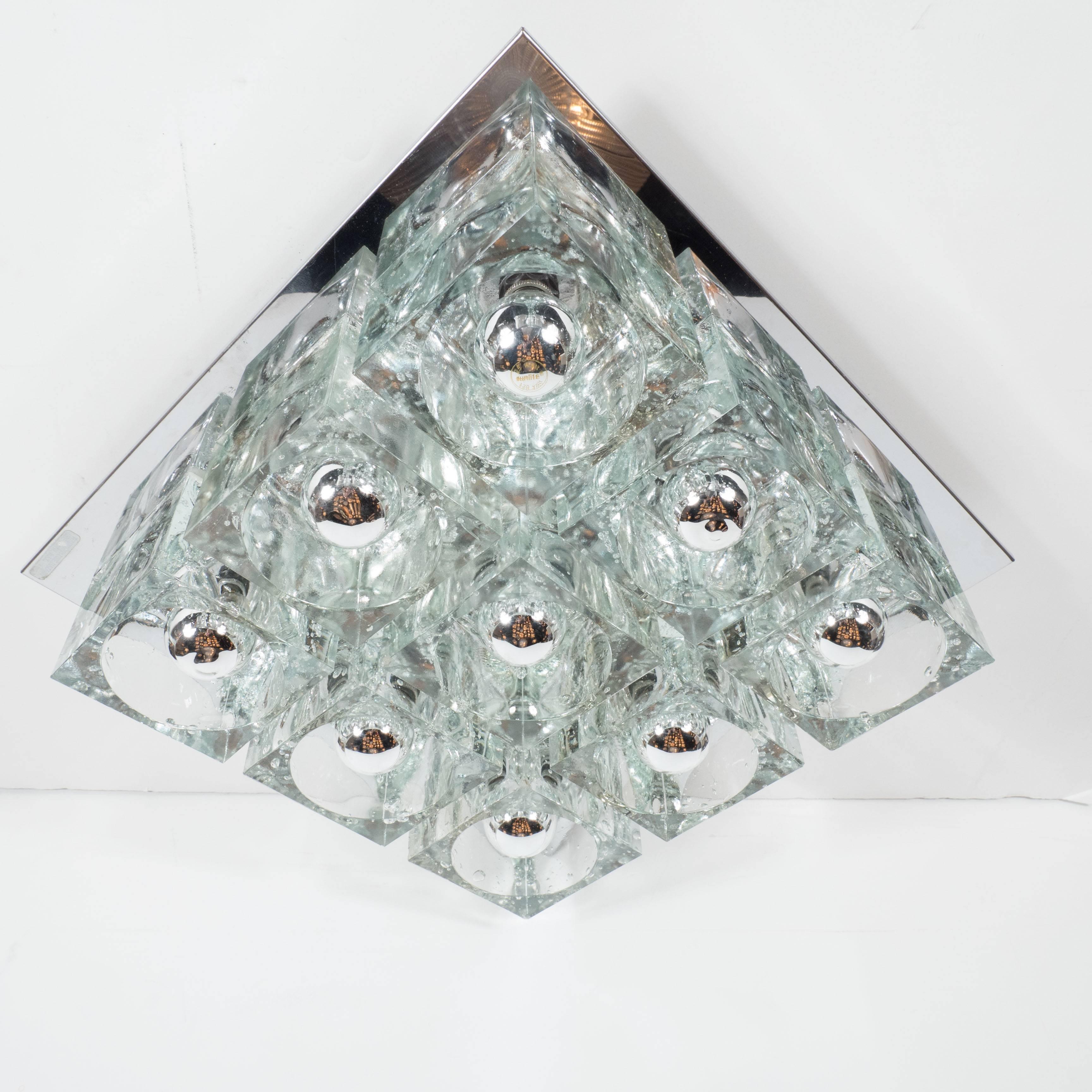 Italian Mid-Century Modernist Glass Cube Flush Mount Chandelier by Sciolari in Chrome