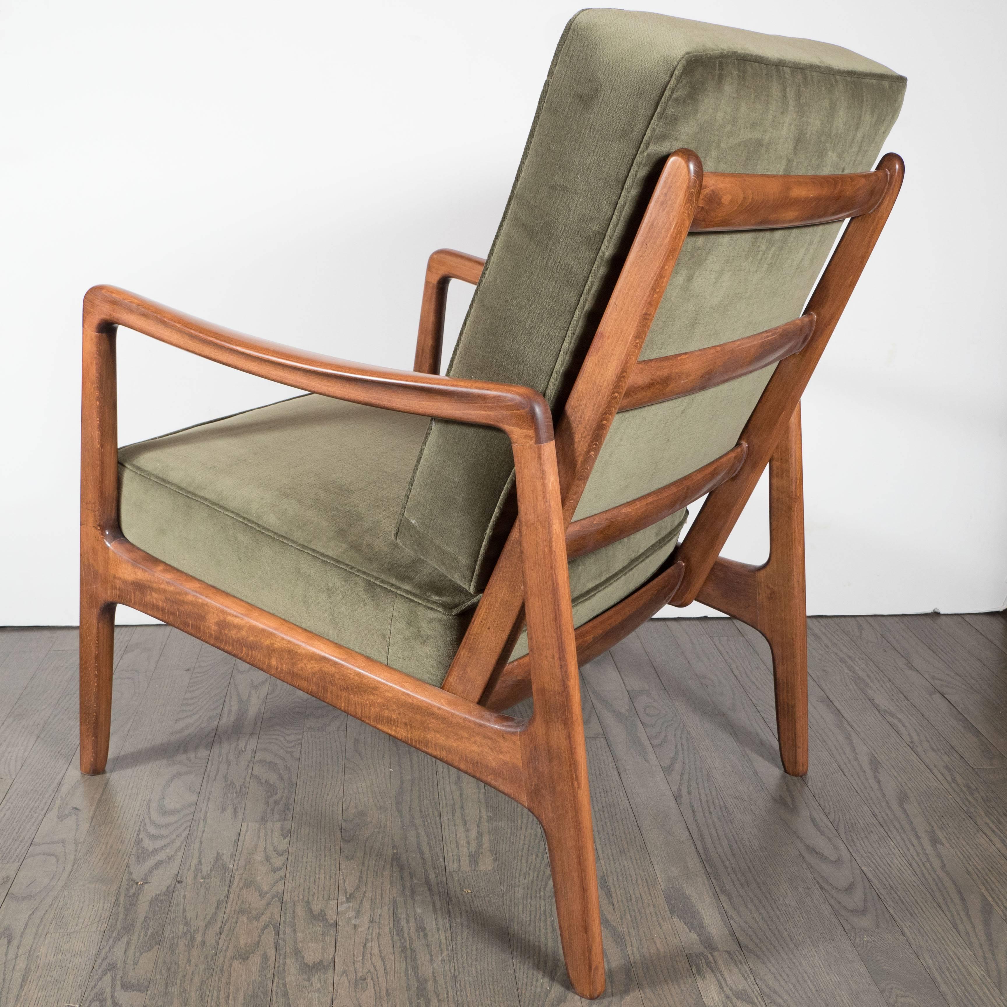 Mid-Century Modern Hand-Rubbed Sculptural Walnut Armchair in Sage Velvet In Excellent Condition In New York, NY
