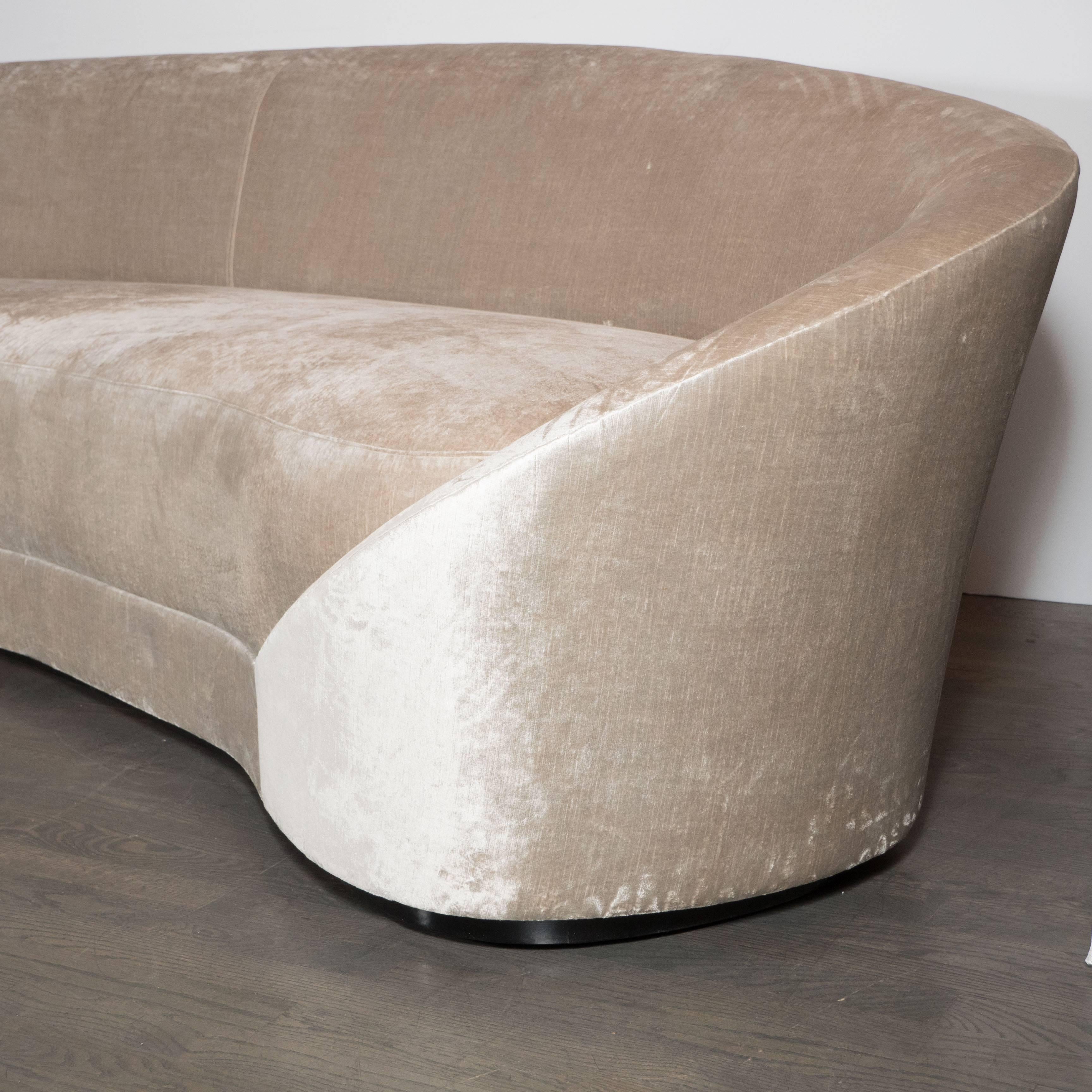 Mid-Century Modern 1940s Style Sweeping Arm Wraparound Curved Sofa in Smoked Champagne Velvet