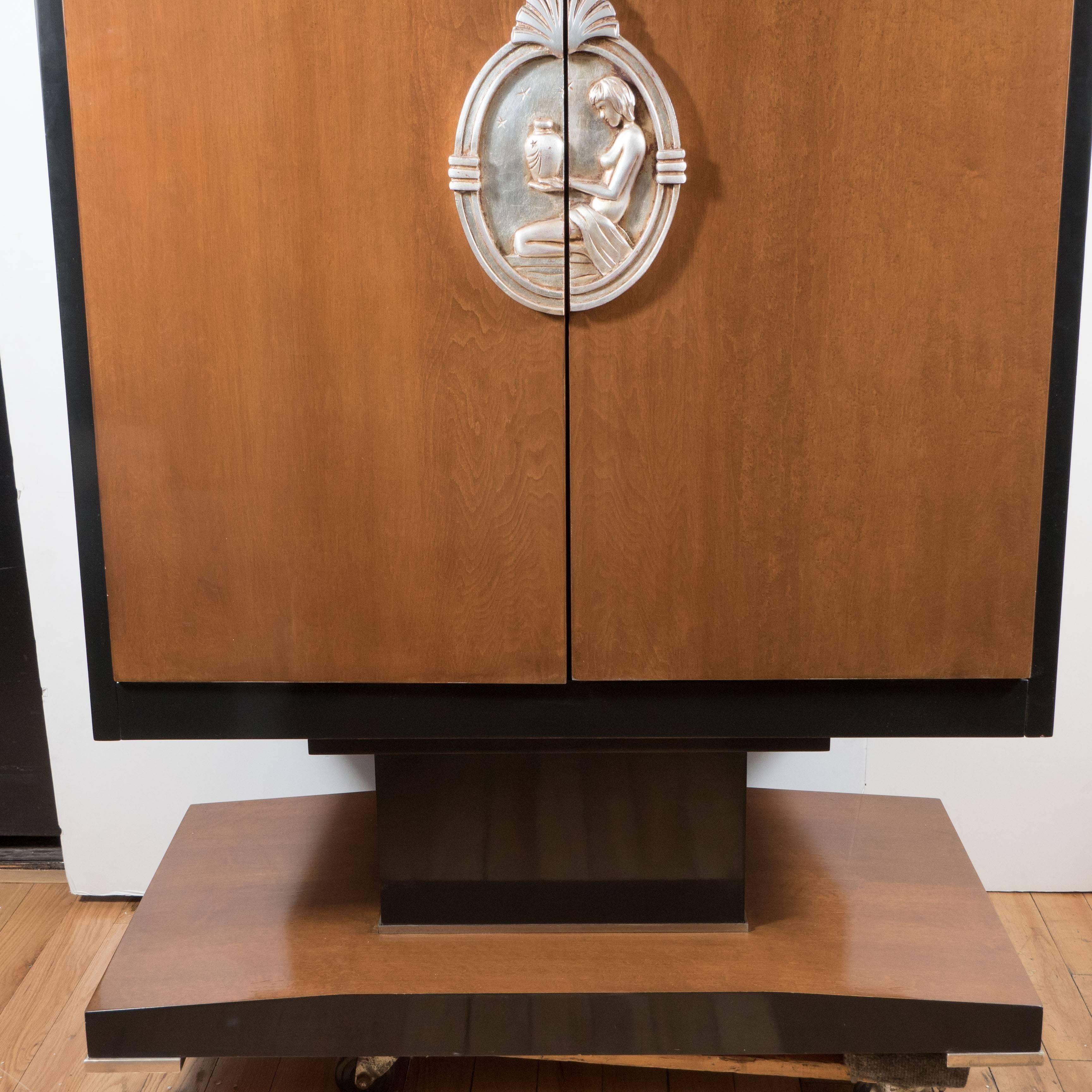 Ebonized Art Deco Style Armoire in the Style of Ruhlmann in Walnut, Lacquer and Giltwood