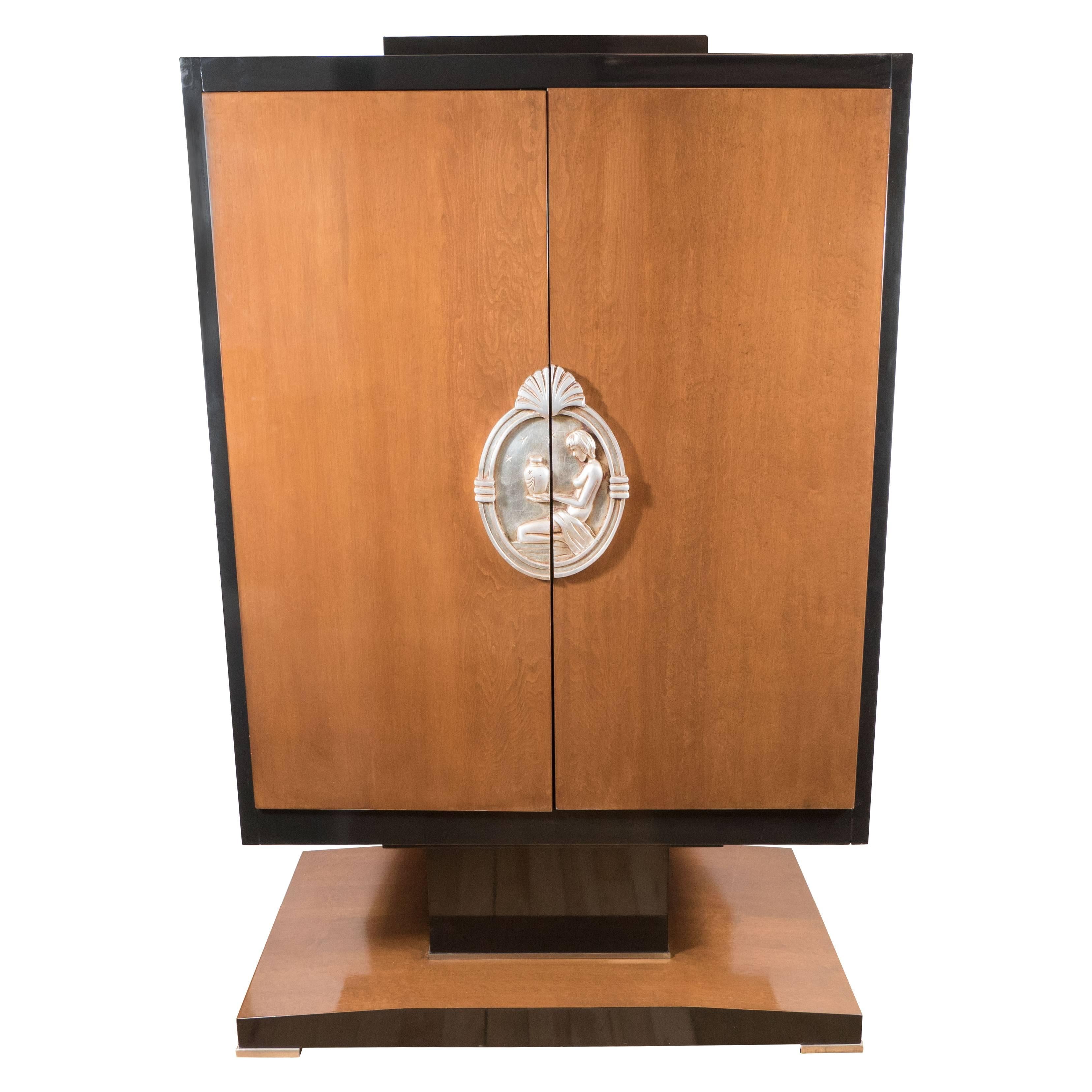 Wood Art Deco Style Armoire in the Style of Ruhlmann in Walnut, Lacquer and Giltwood