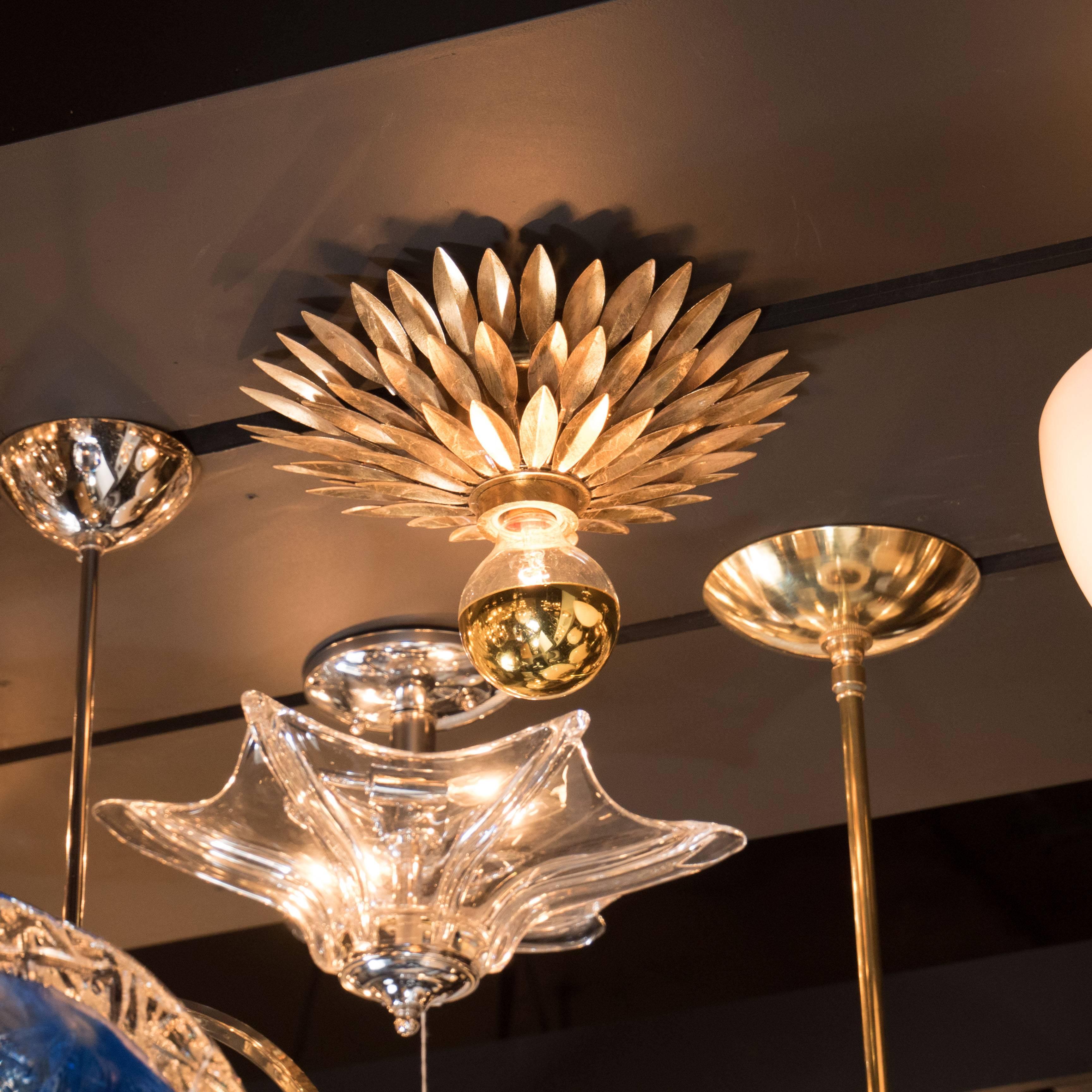 Pair of Hollywood Regency Flush Mount Chandeliers with Gilt Starburst Detailing In Excellent Condition In New York, NY