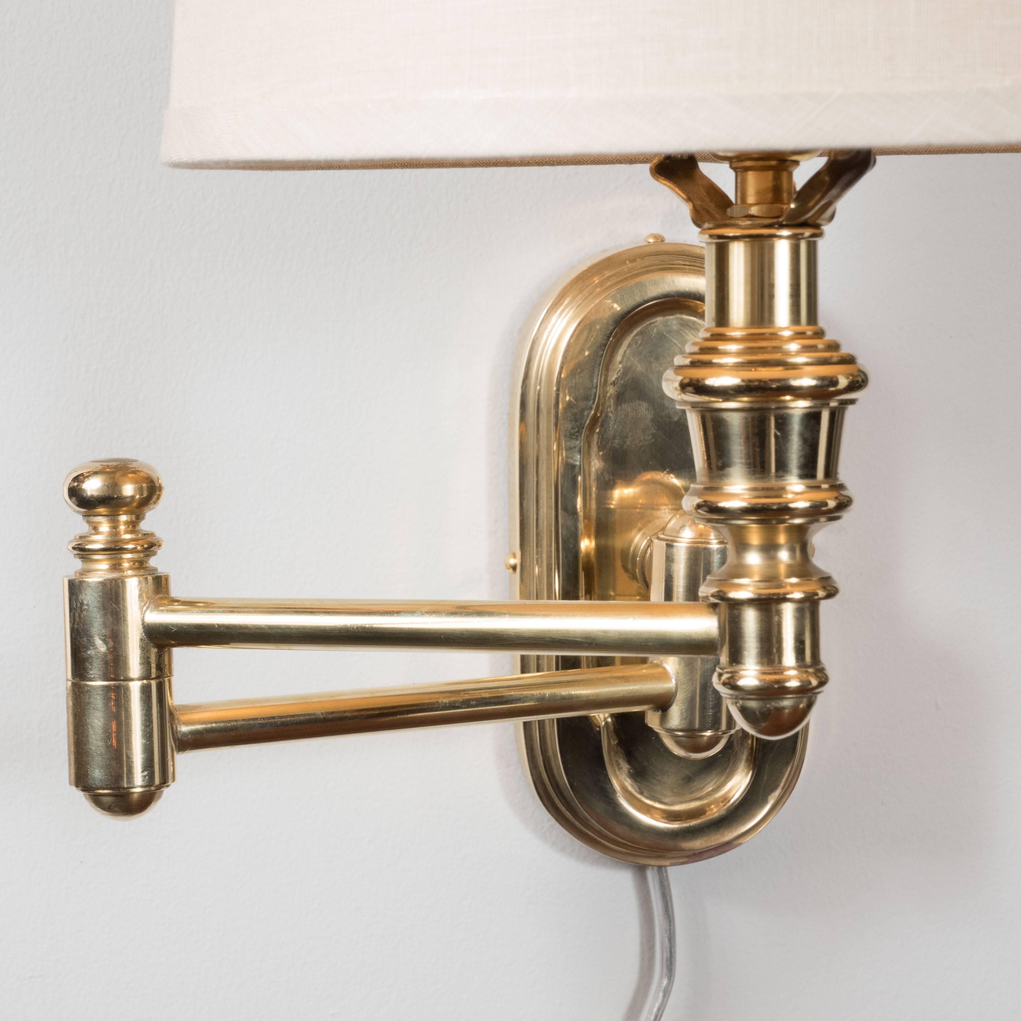 Pair of Mid-Century Swing Arm Brass Sconces with Custom Shades In Excellent Condition In New York, NY
