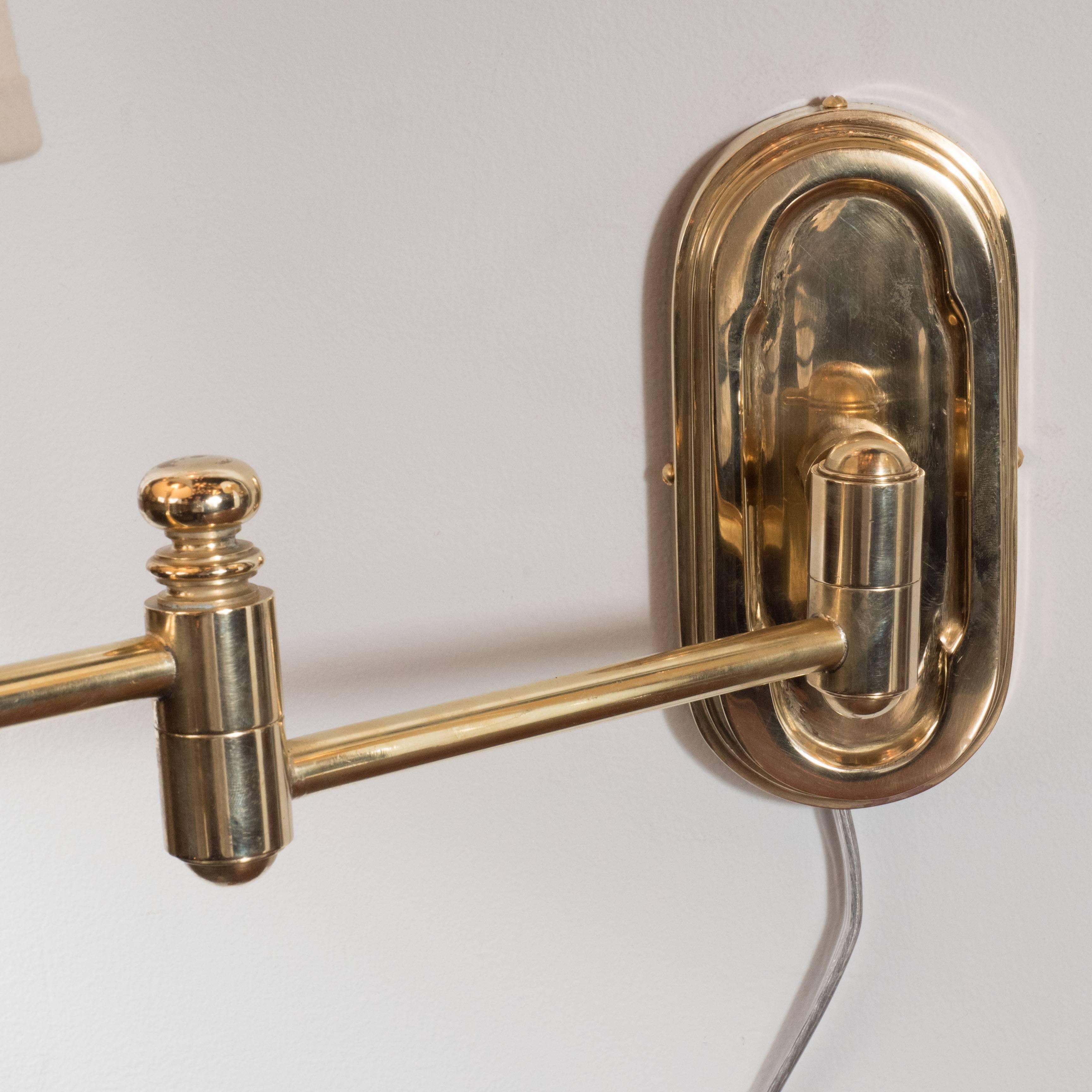 Mid-20th Century Pair of Mid-Century Swing Arm Brass Sconces with Custom Shades