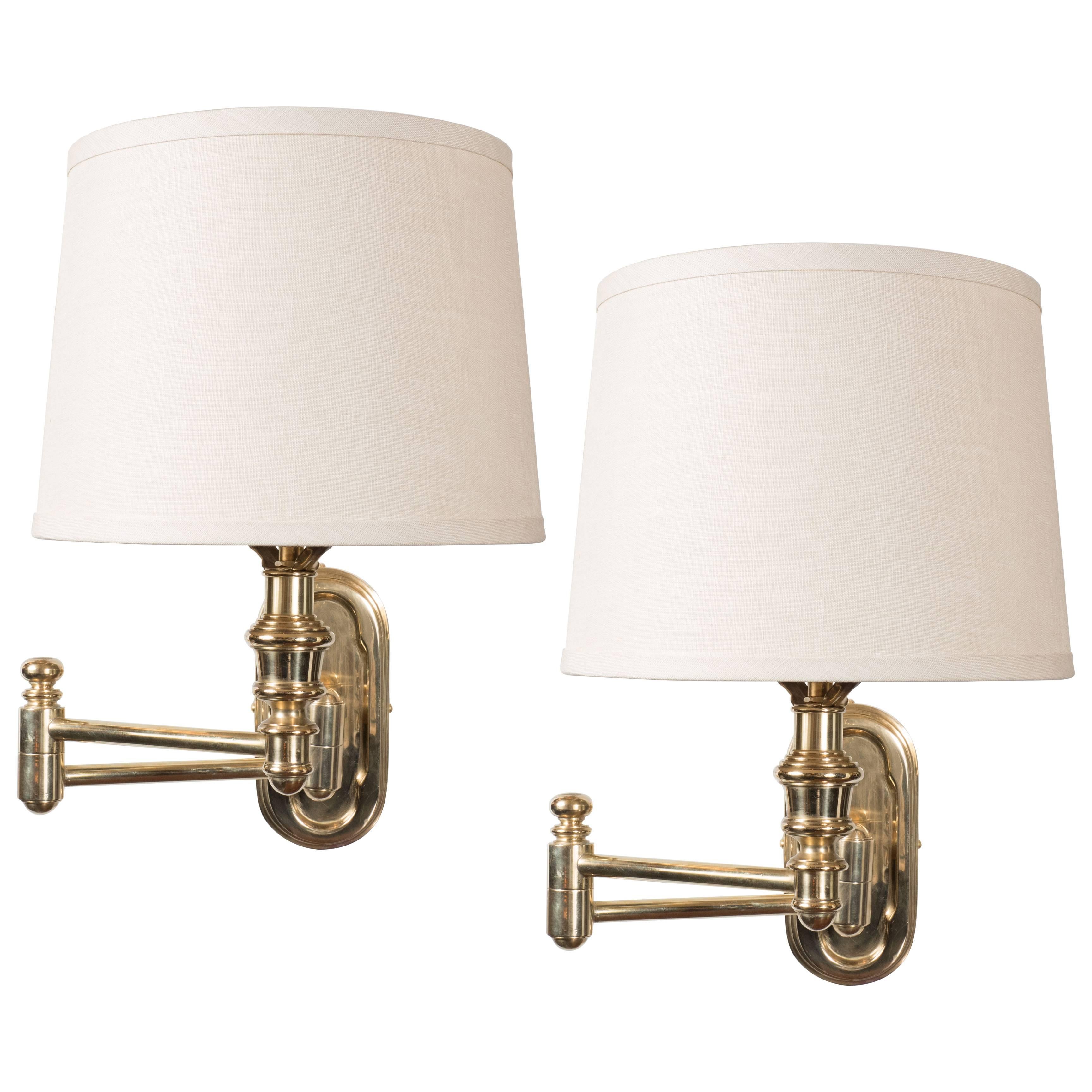 Pair of Mid-Century Swing Arm Brass Sconces with Custom Shades