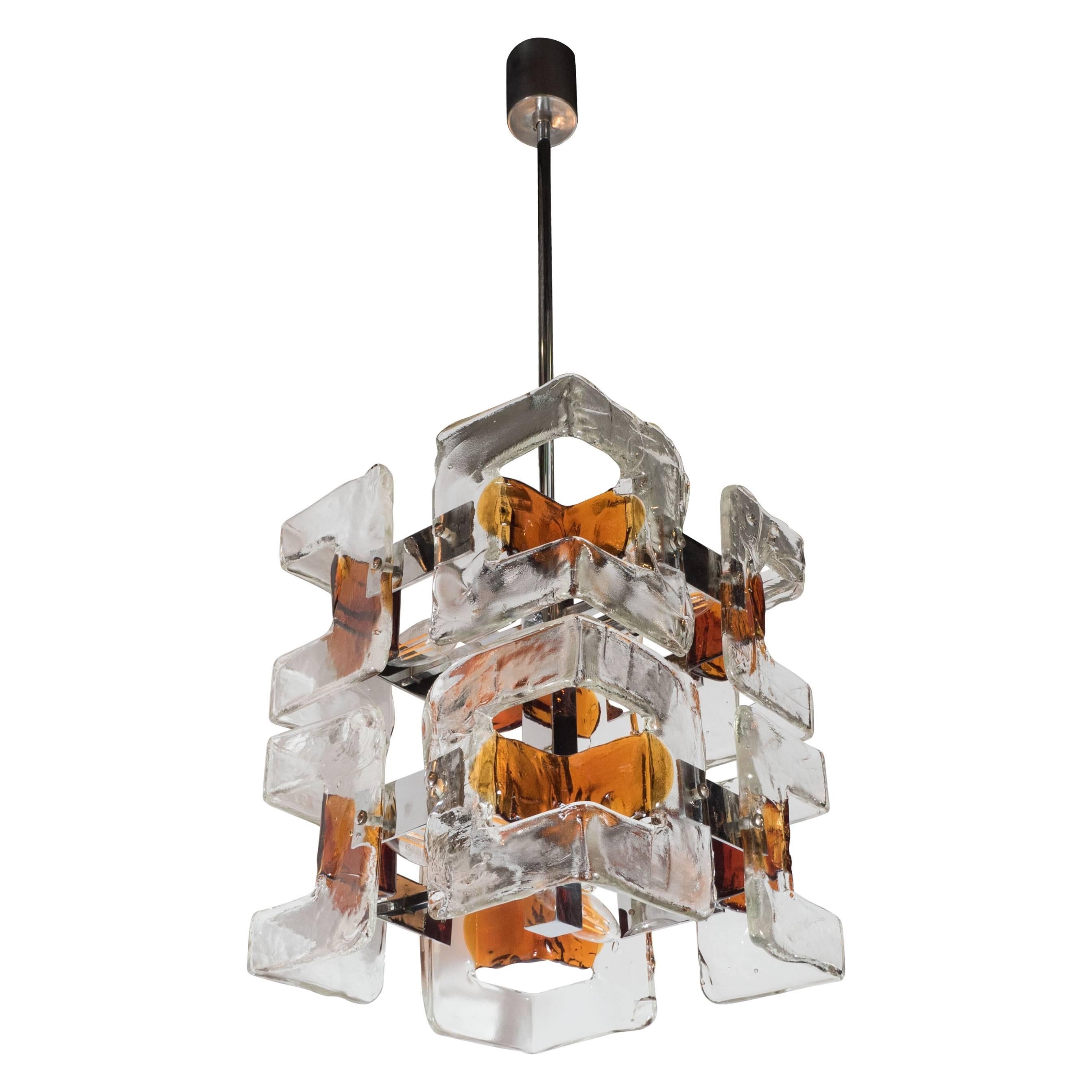 Mid-Century Modern Handblown Murano Clear & Amber Glass Chandelier by Mazzega