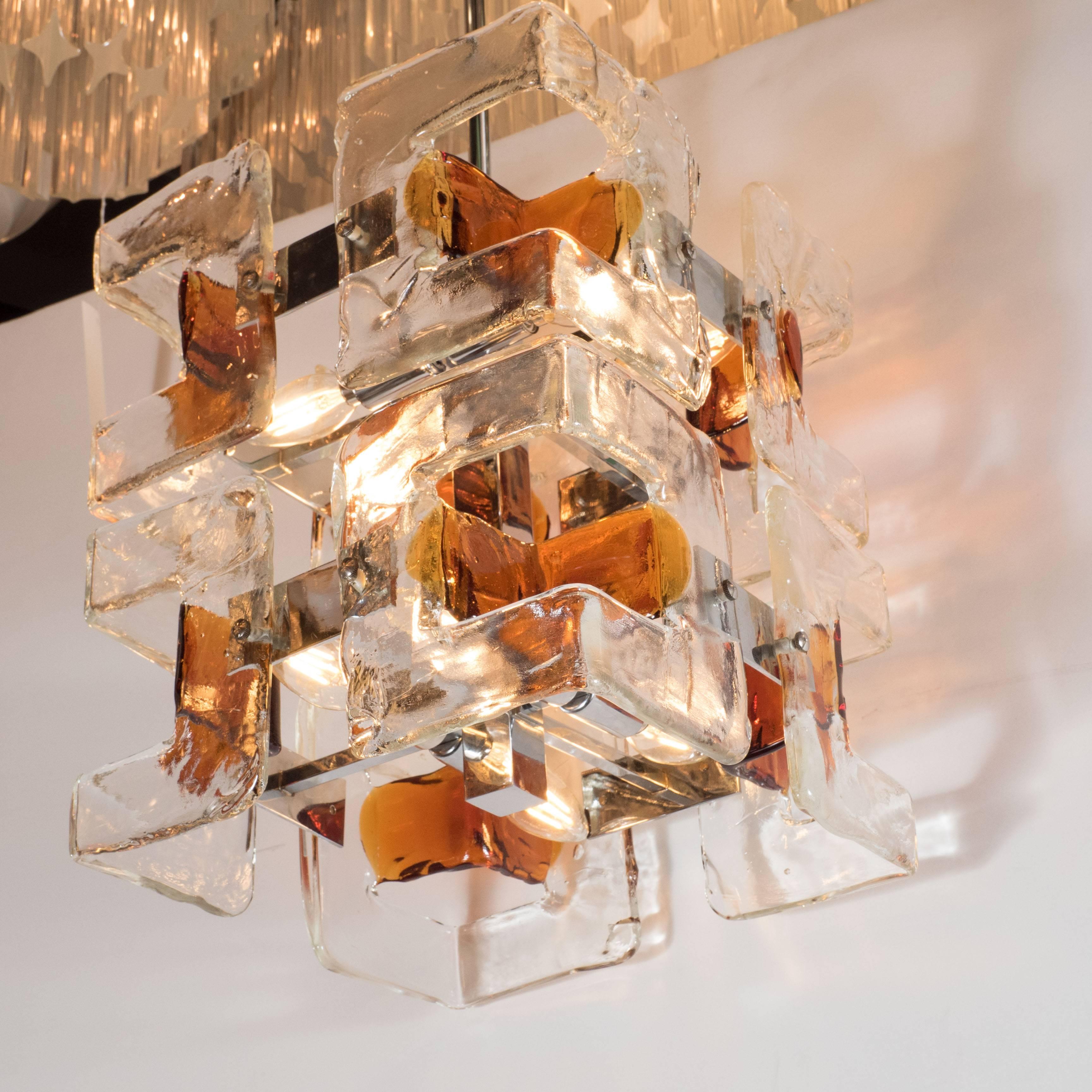 Late 20th Century Mid-Century Modern Handblown Murano Clear & Amber Glass Chandelier by Mazzega